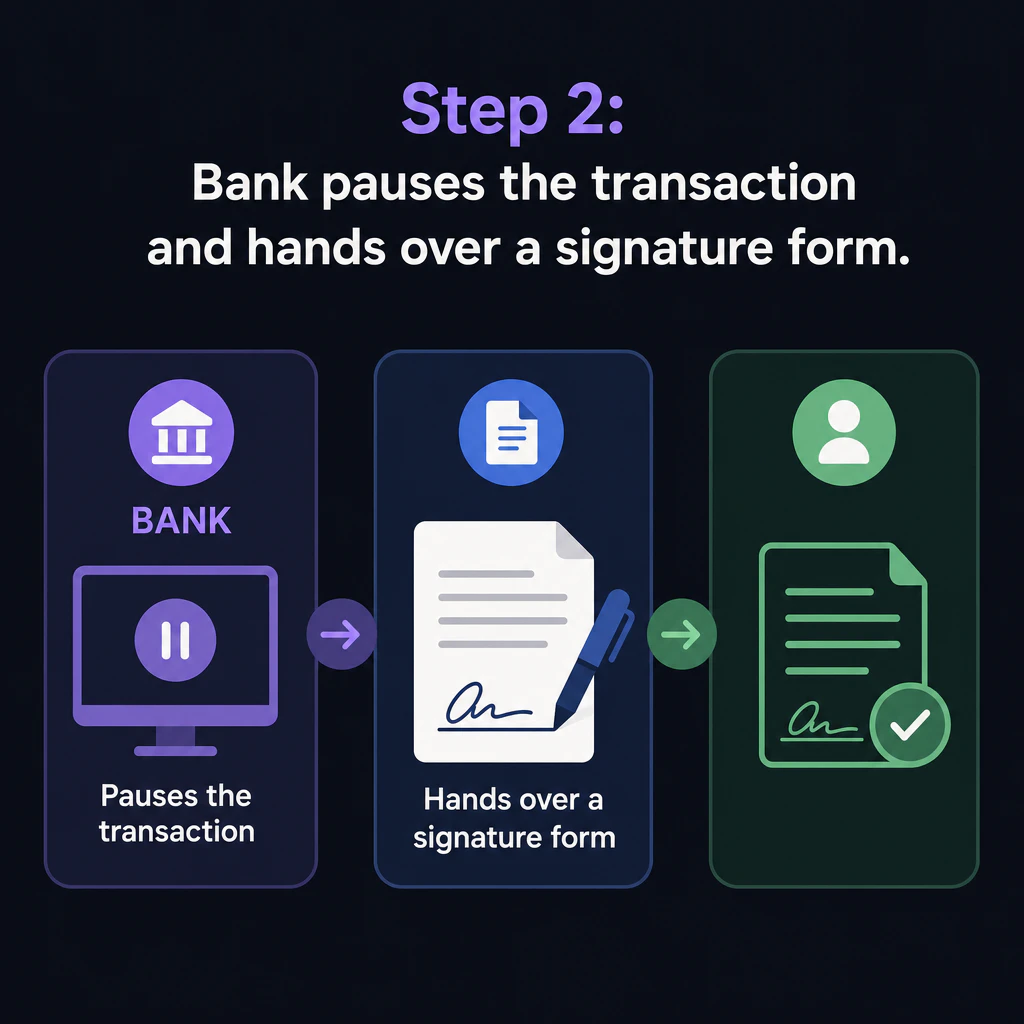 Bank pauses the transaction and hands over a signature form