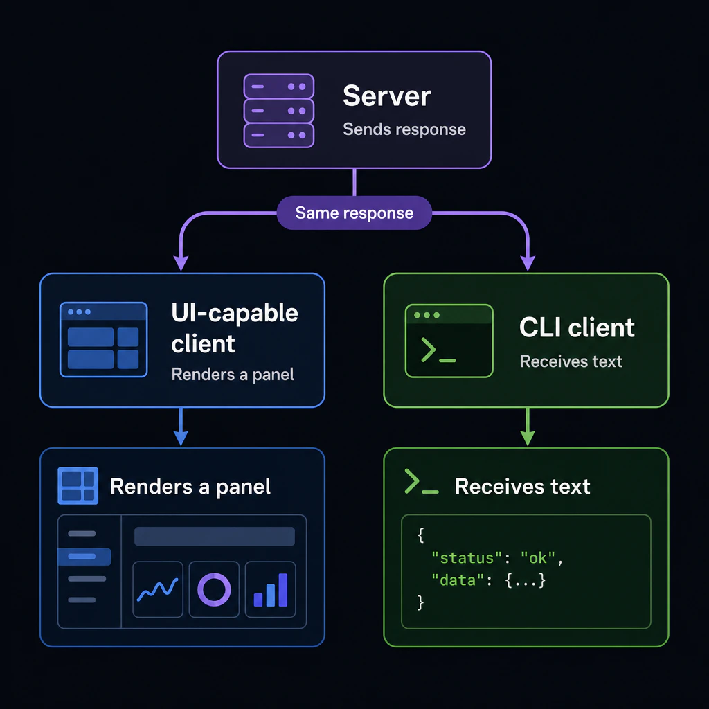 Two branches: UI-capable client renders a panel, CLI client receives text