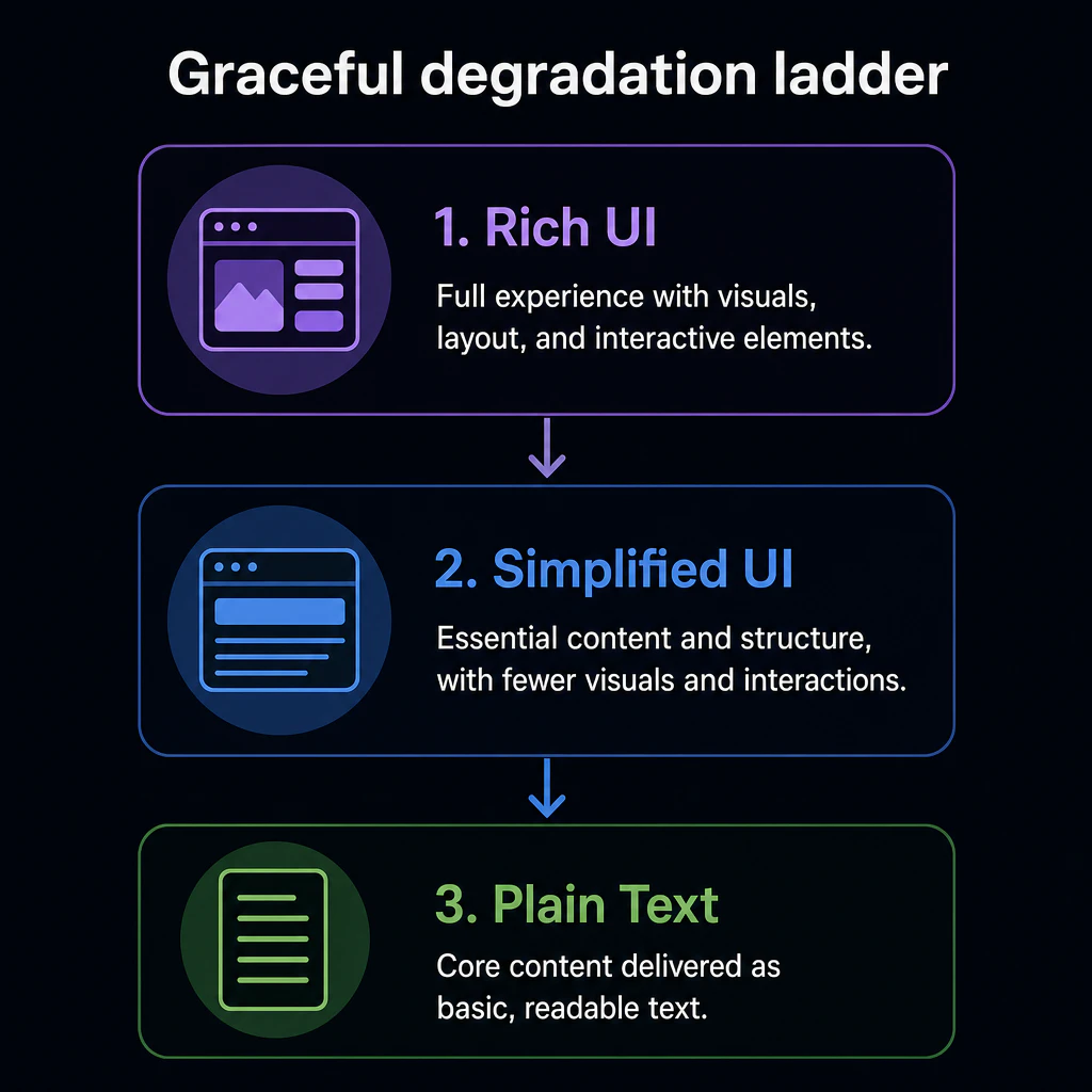 Graceful degradation ladder: rich UI, simplified UI, plain text