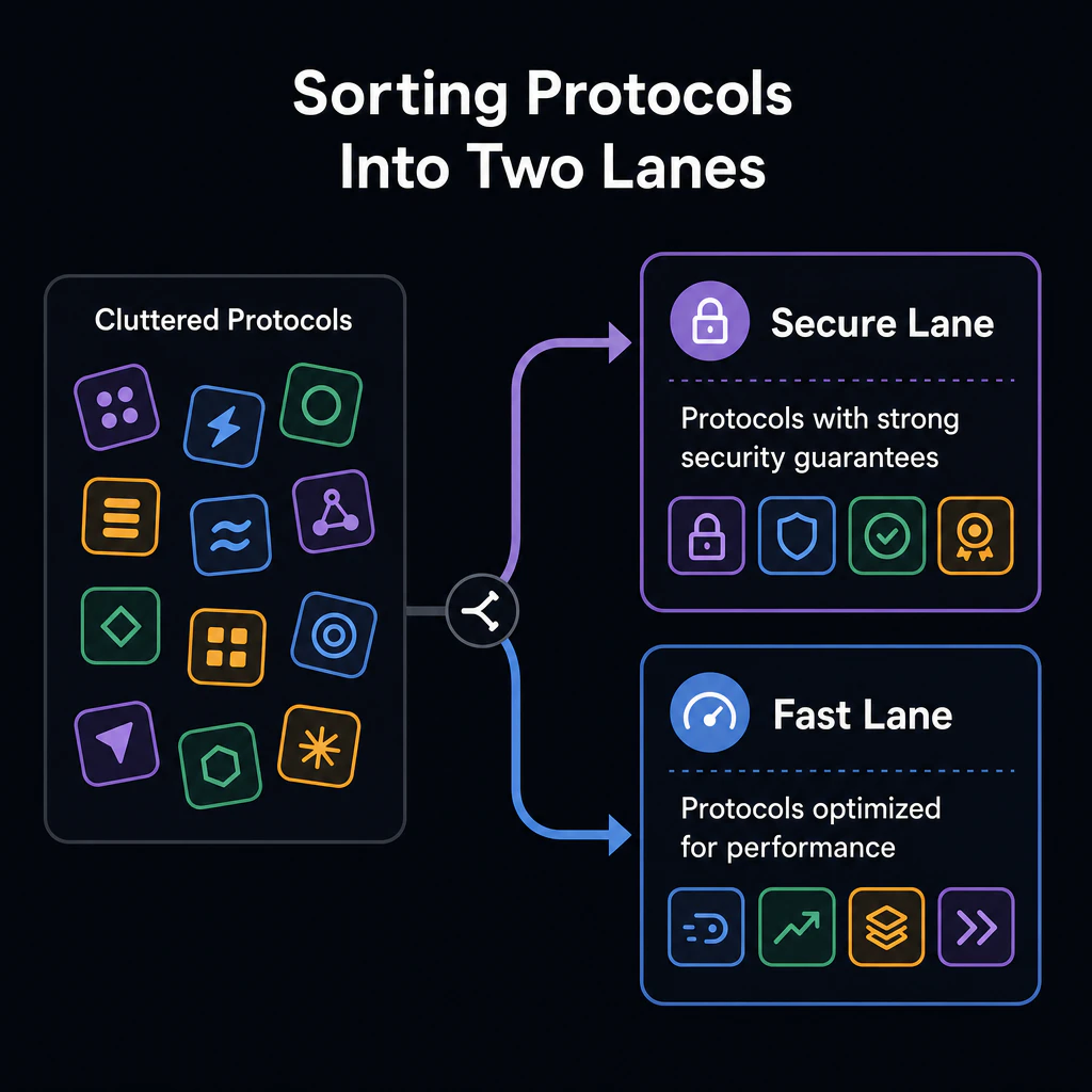 Cluttered protocol logos being sorted into two lanes
