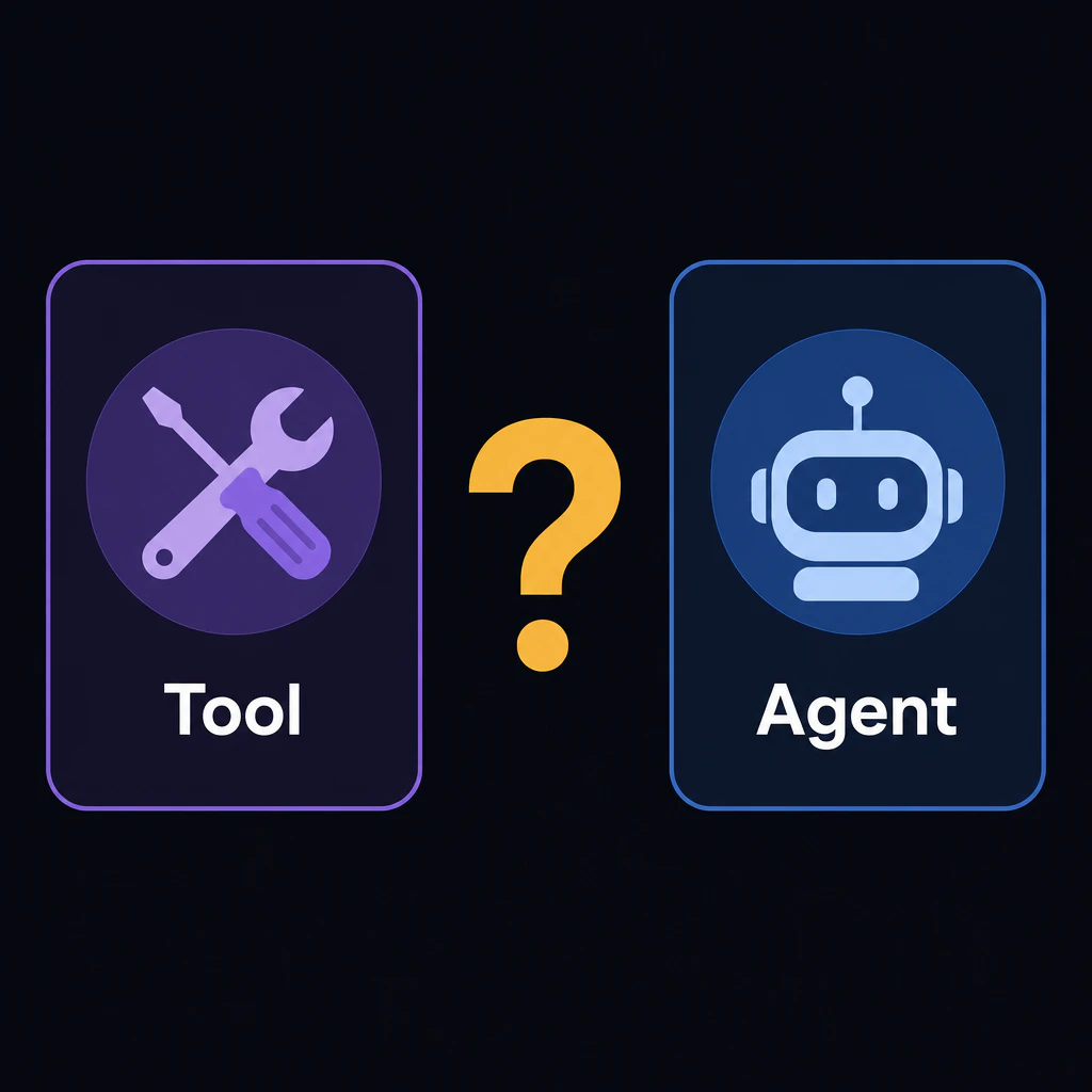 Question mark between a tool icon and an agent icon
