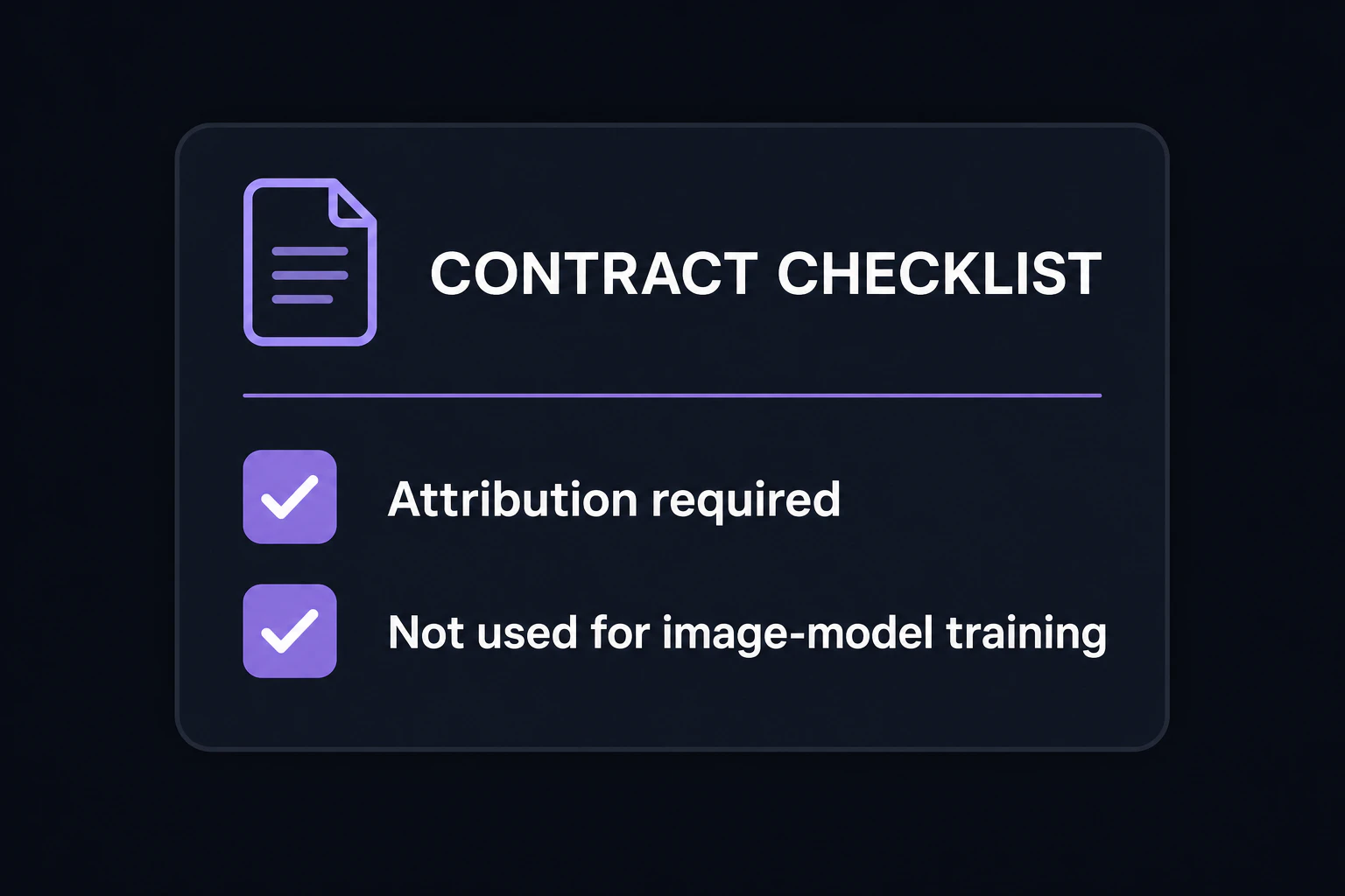 契約条件のチェックリスト図。『Attribution required』『Not used for image-model training』を英語で2項目表示