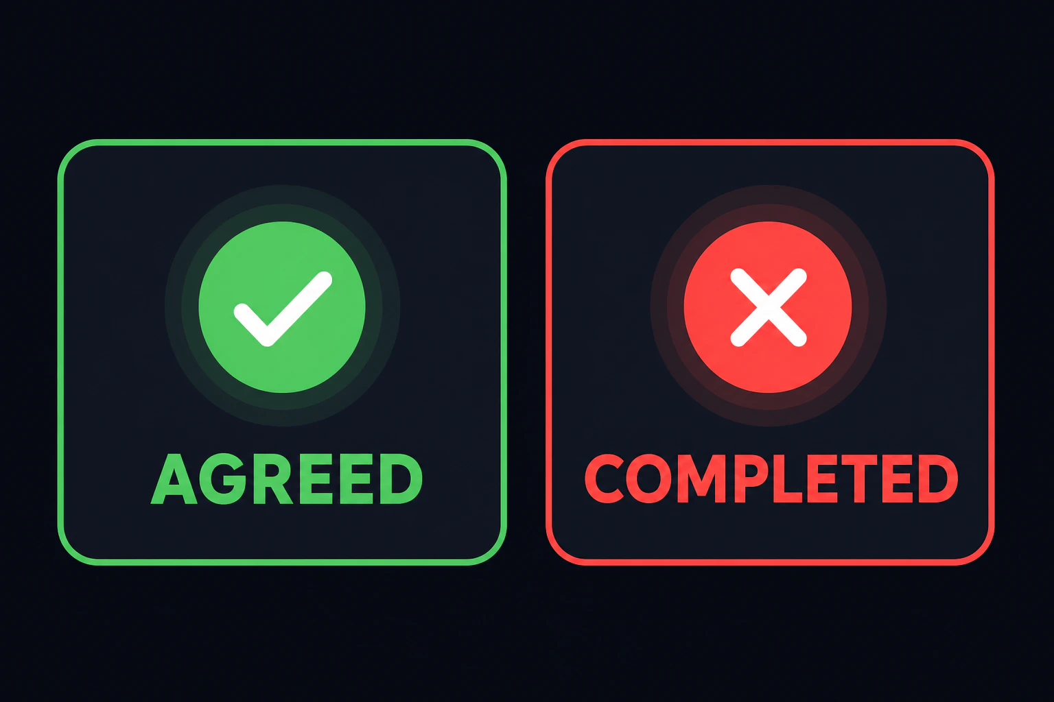 Agreed(✓) と Completed(✕) を並べたステータス比較テロップ