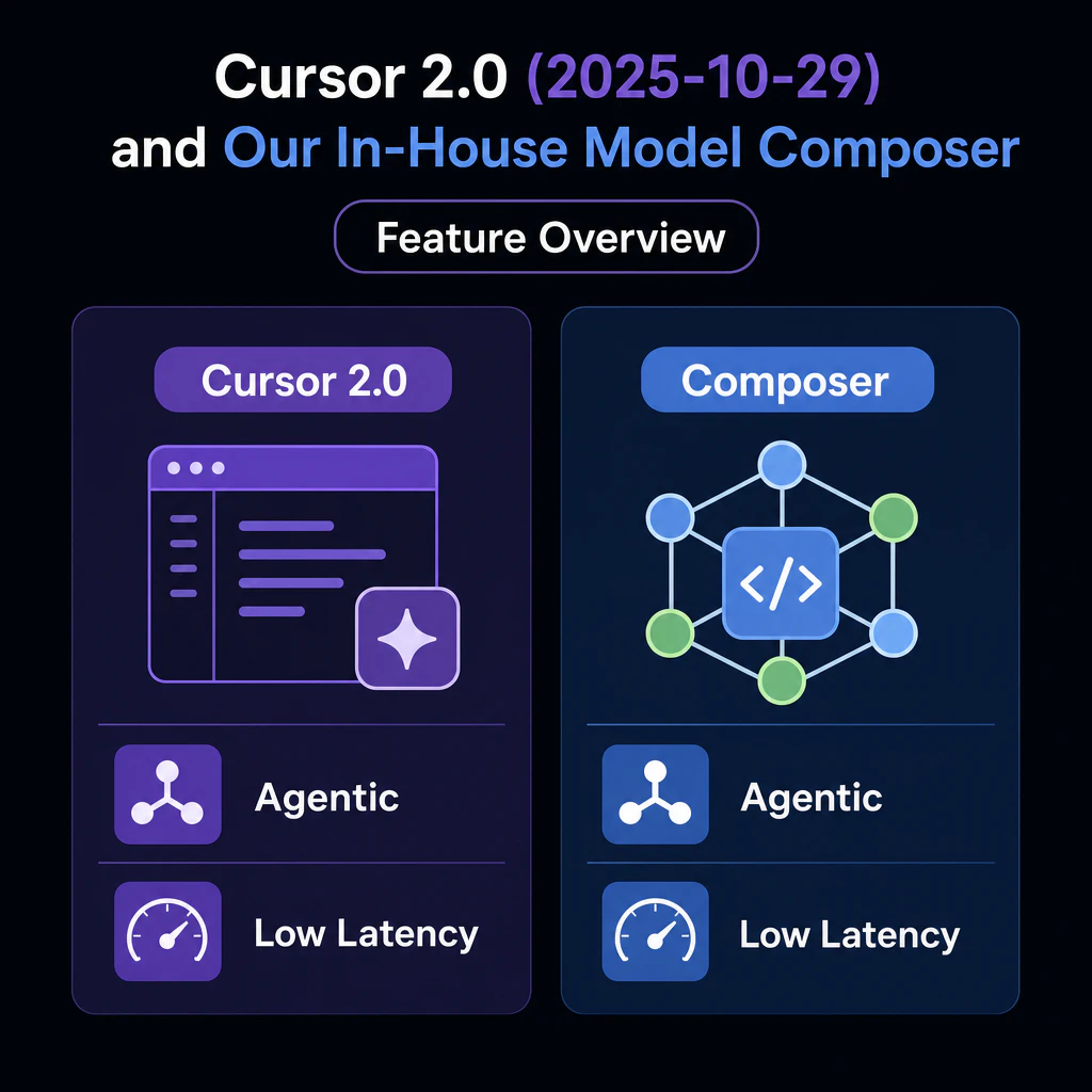Cursor 2.0(2025年10月29日)と自社製モデル Composer の特徴図解(エージェント型・低レイテンシ)