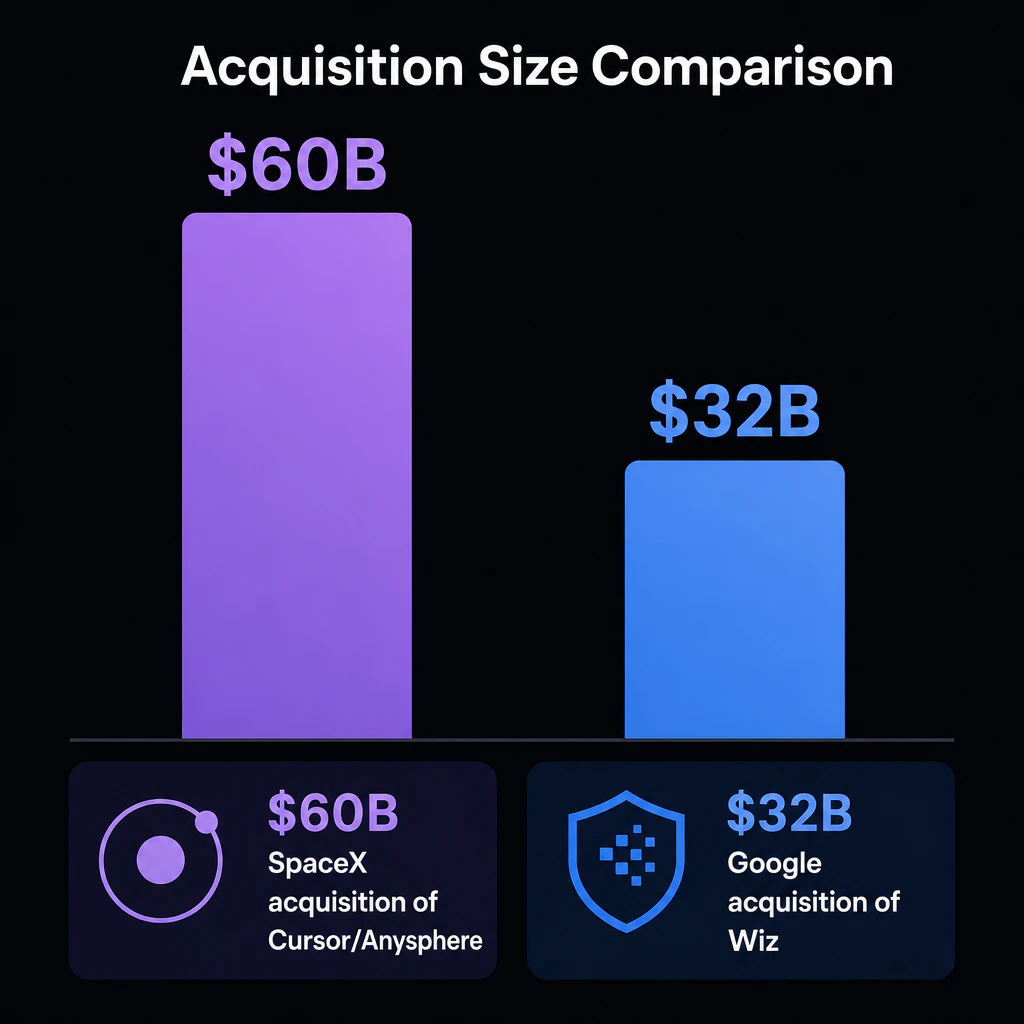 $60B(SpaceX による Cursor/Anysphere 買収)と $32B(Google による Wiz 買収)を並べた比較棒グラフ。$60B が約2倍の高さで際立つ