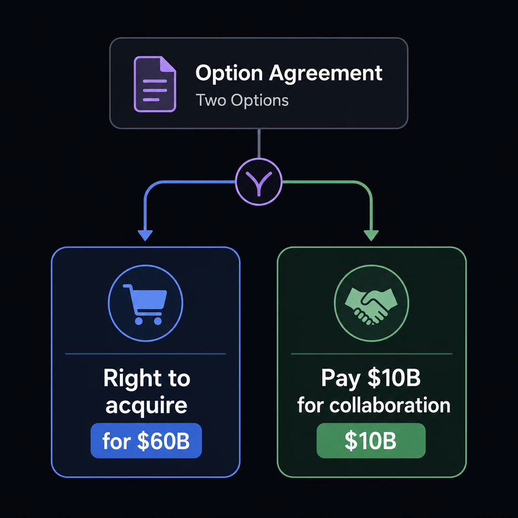 オプション契約の二択図解: 左 Right to acquire for $60B /右 Pay $10B for collaboration に分岐するイラスト