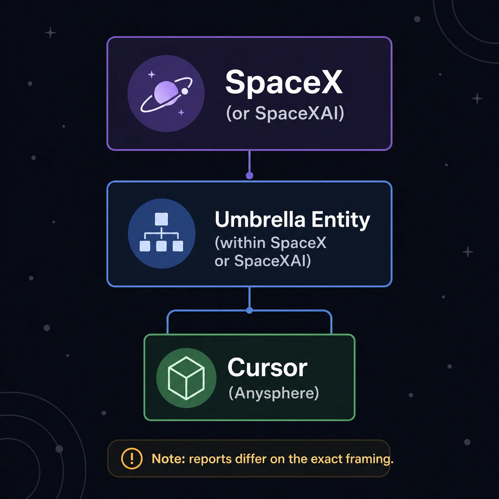 SpaceX(またはSpaceXAI)傘下に Cursor(Anysphere)が入る組織図。Note: reports differ on the exact framing の注記を併記