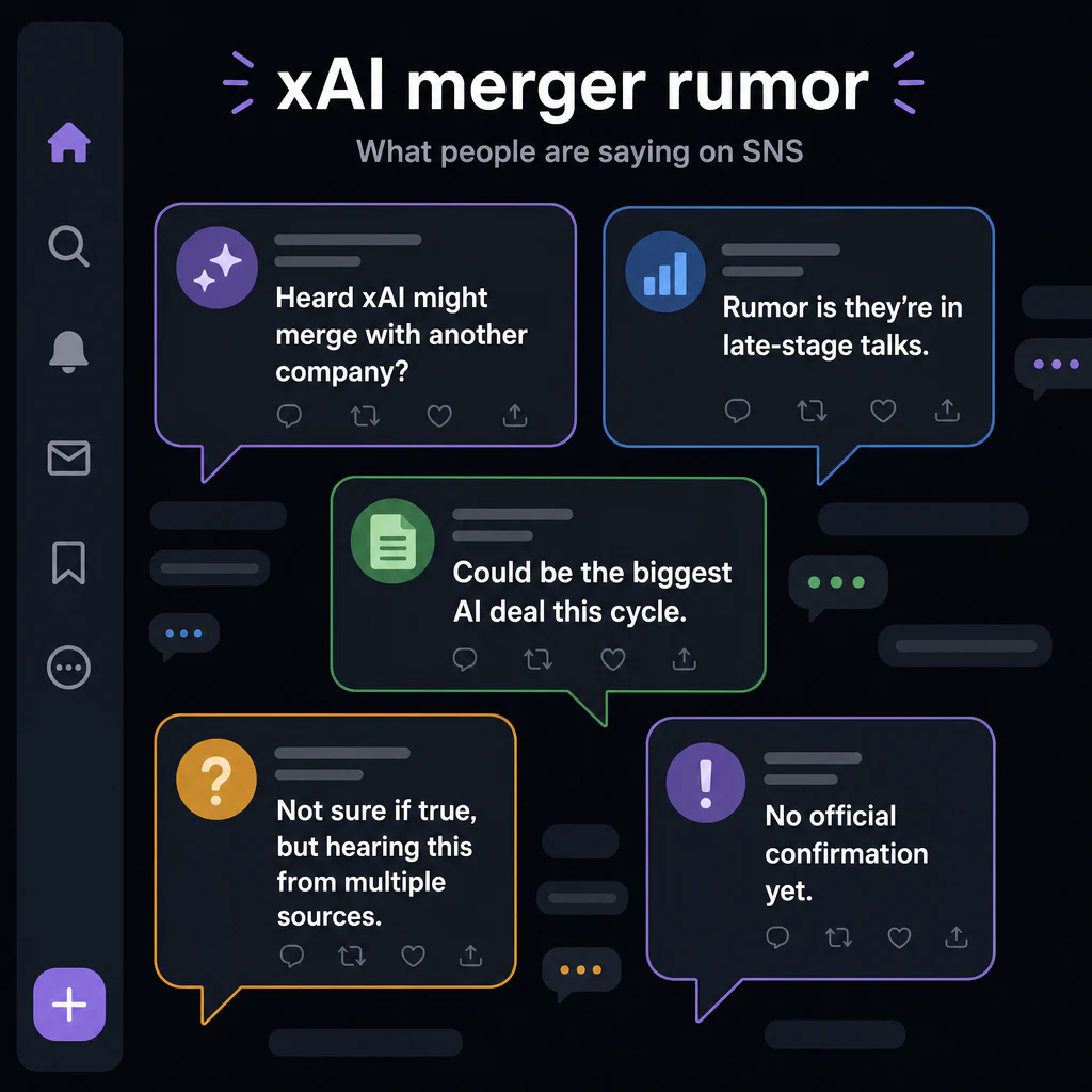 SNSでよく見る噂話イメージ: xAI merger rumor(吹き出しが飛び交うSNS画面風)