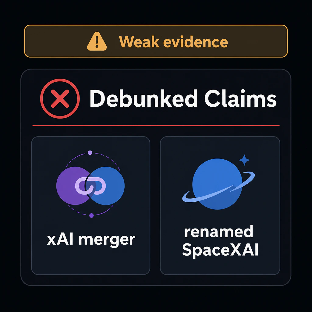 赤いバツ印の Debunked Claims カード。xAI merger と renamed SpaceXAI を並べ、上部に Weak evidence の帯
