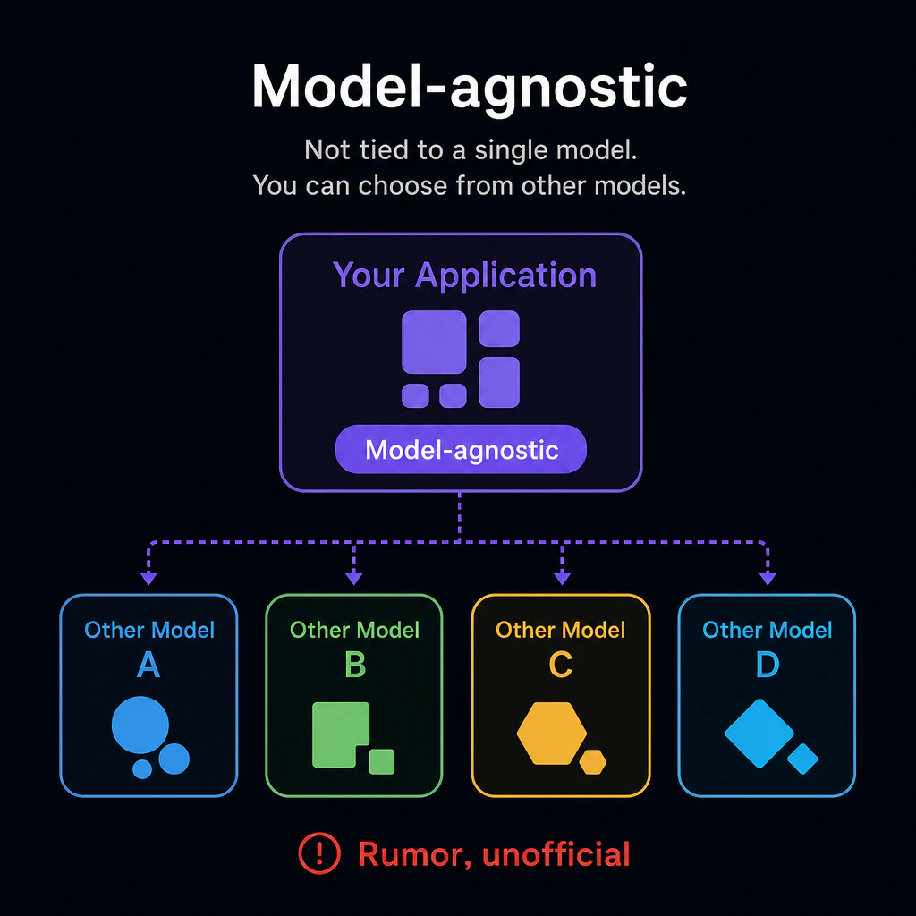 Model-agnostic の説明図。他社モデルを選べるイメージに、赤字で Not officially confirmed の注記