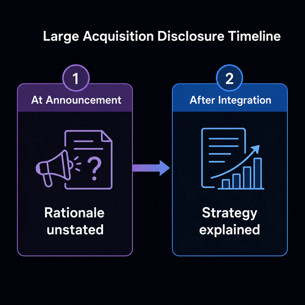 大型買収の情報開示タイムライン図。At announcement: rationale unstated → After integration: strategy explained の2段階を矢印で表現
