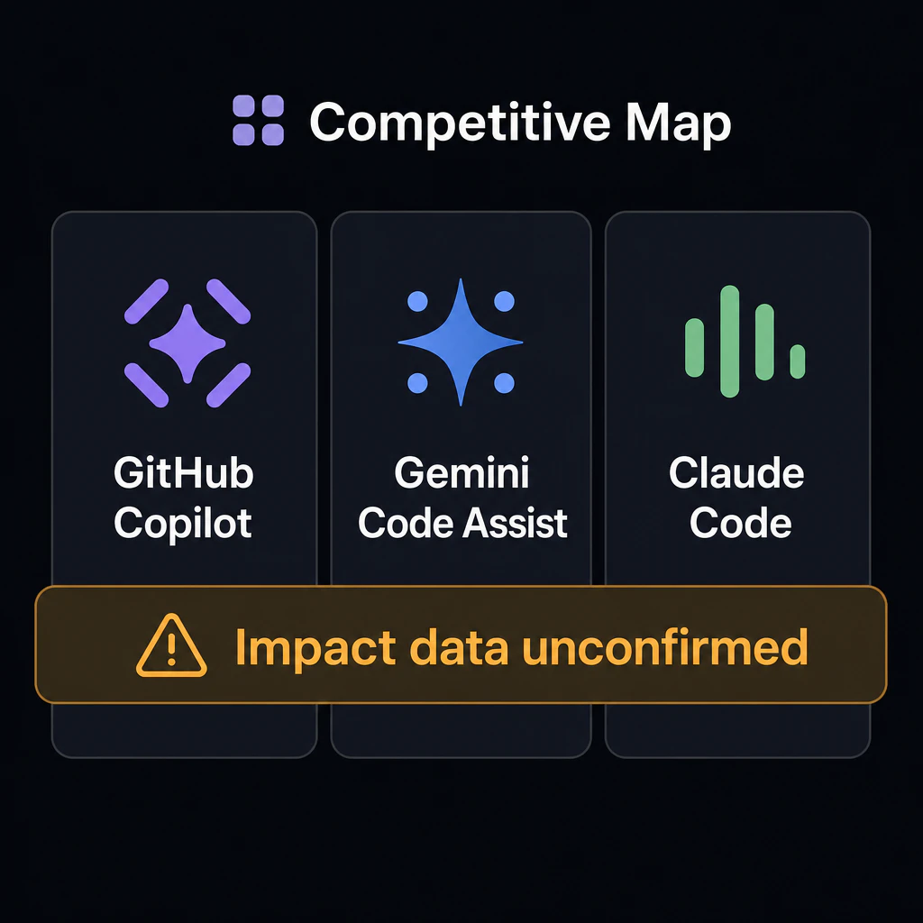 競合マップ図。GitHub Copilot / Gemini Code Assist / Claude Code を並べ、全体に Impact data unconfirmed の帯を重ねる