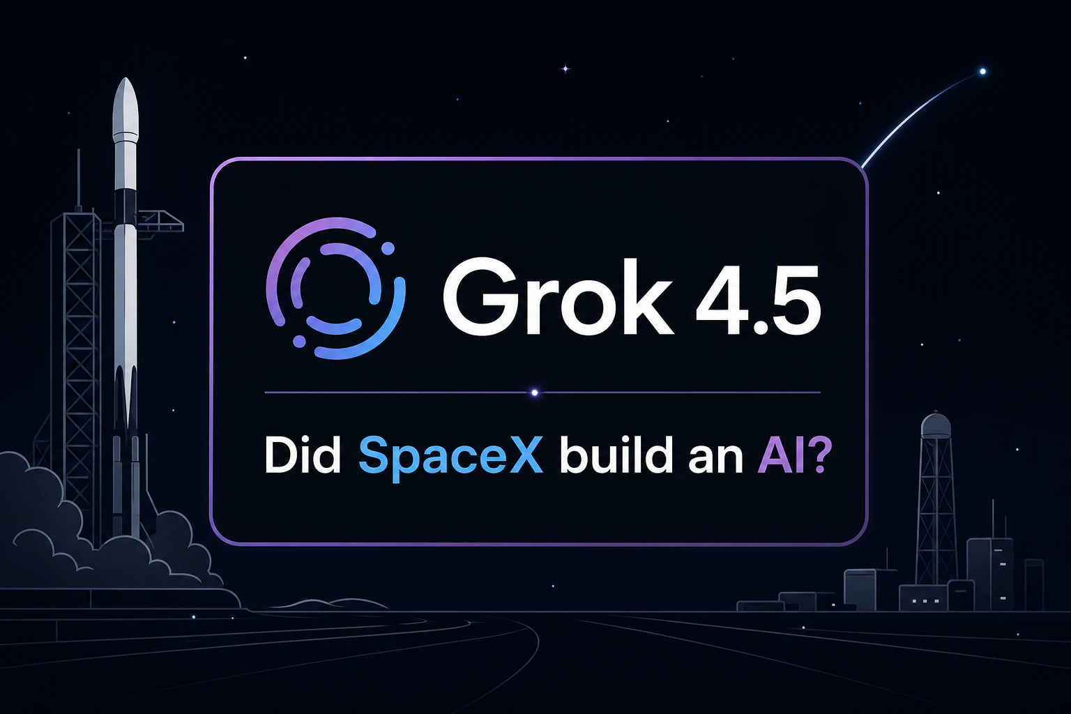 SpaceXの背景にGrok 4.5ロゴを重ねたタイトルカード(キャッチ『SpaceXがAIを作った?』)