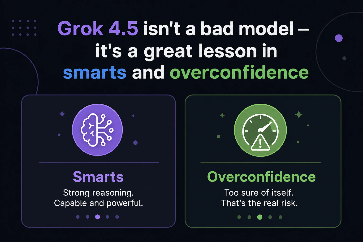 英語テロップ 'Grok 4.5 isn't a bad model — it's a great lesson in smarts and overconfidence' を表示する
