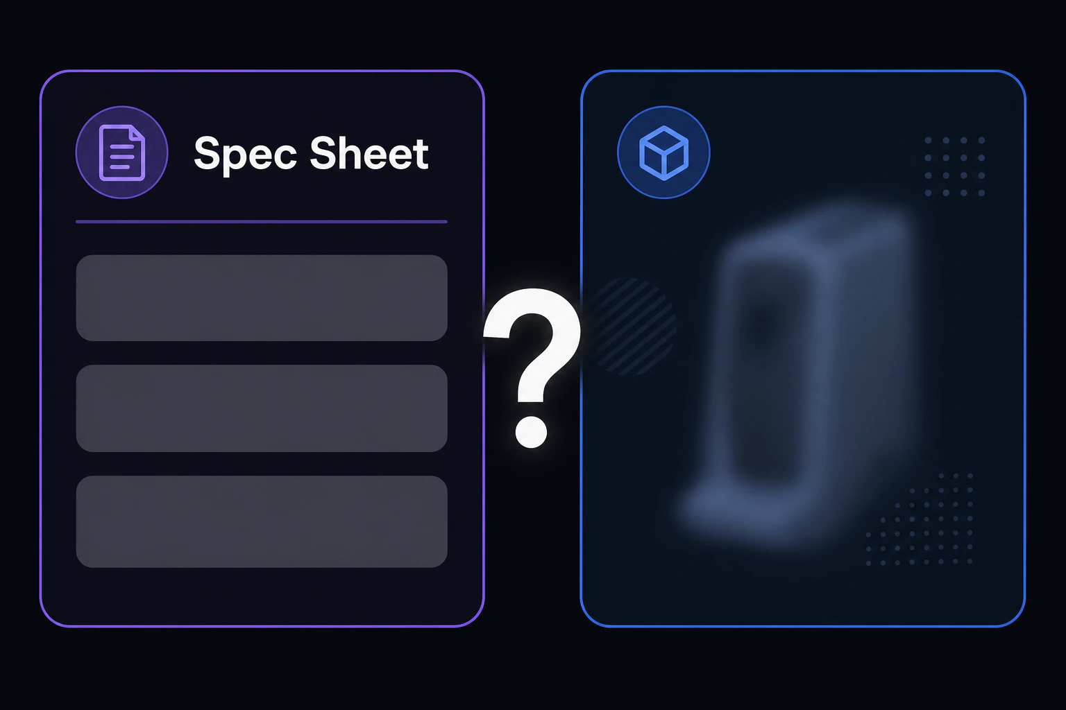 Split screen: a spec sheet on the left, a blurred leaderboard silhouette on the right, big question mark between them