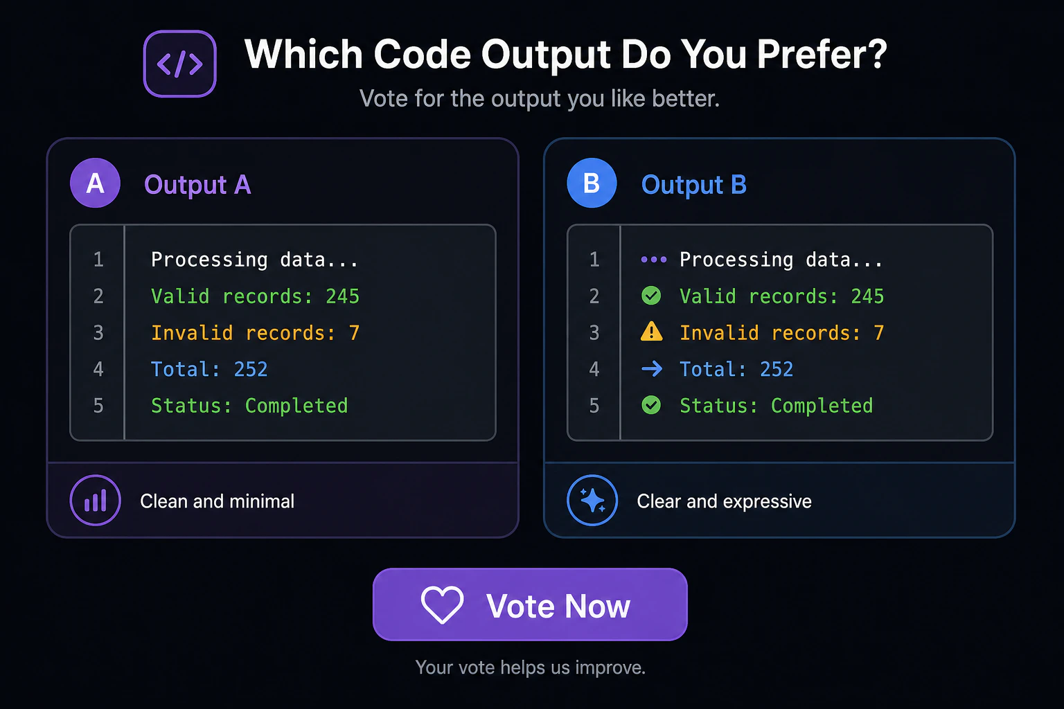 Two anonymous code output panels side by side with a vote button