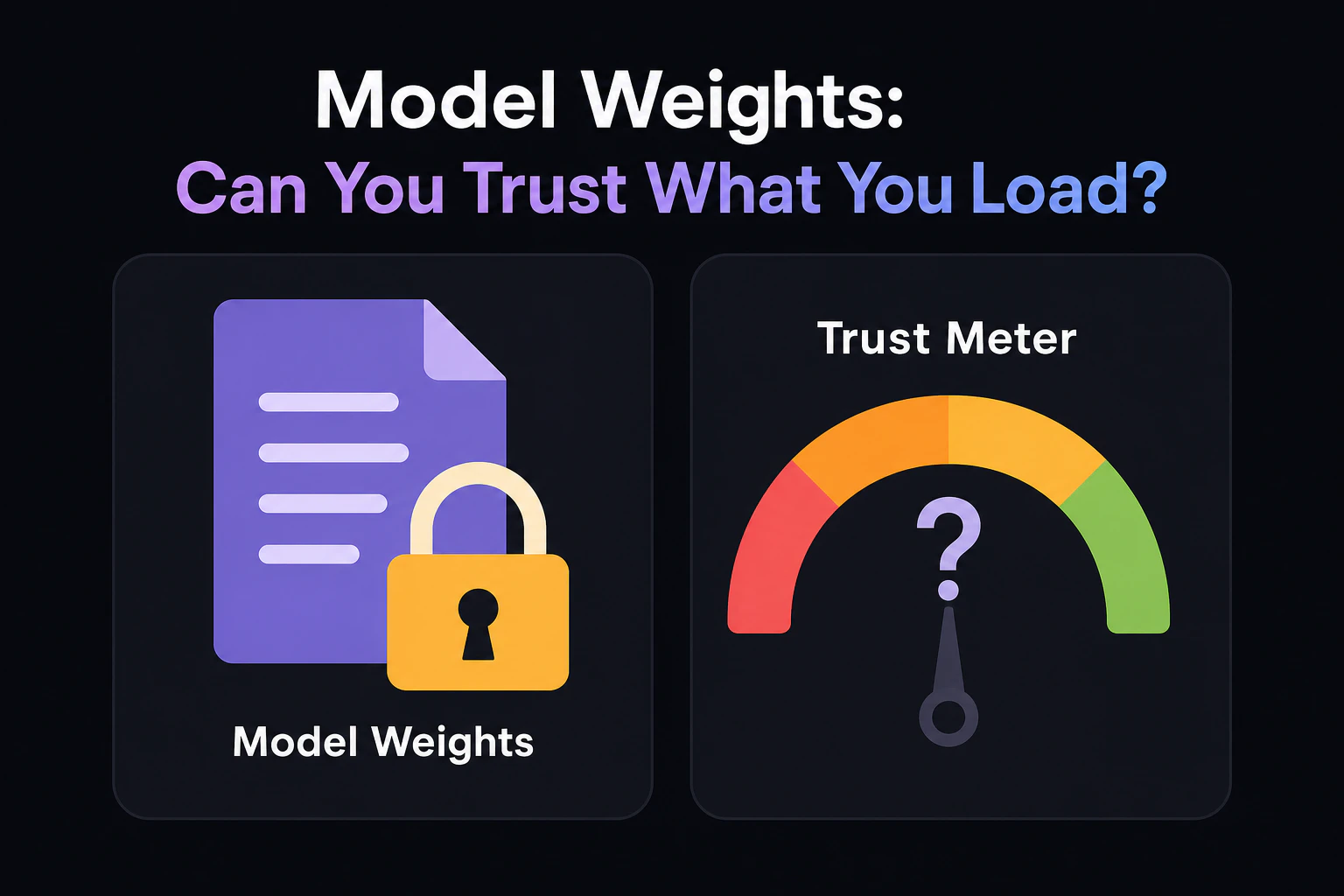 Teaser card: a padlock over a model-weights file icon, question mark on a trust meter