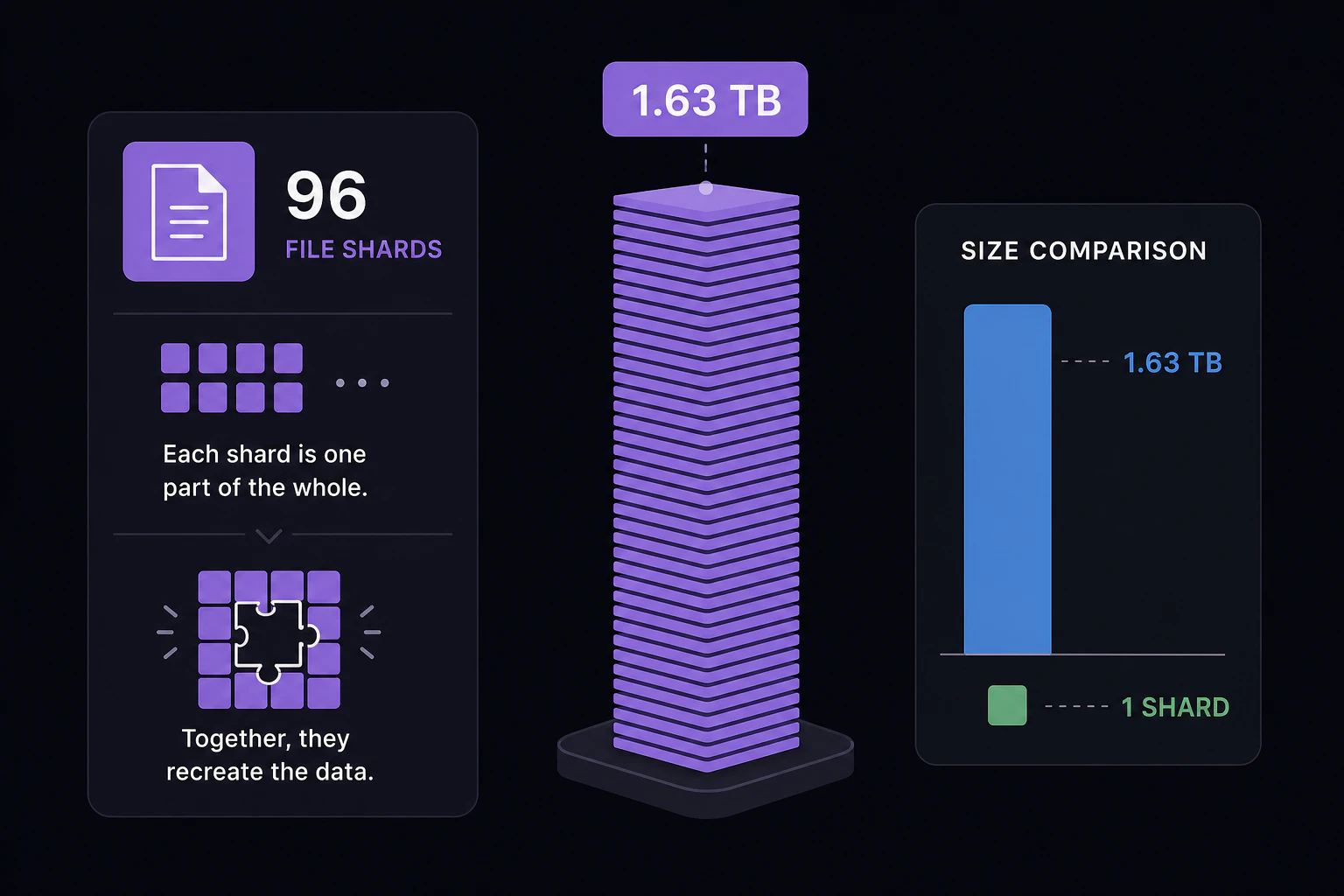 96 file shards stacking up into a tower labeled 1.63 TB, flat infographic style, size comparison bar