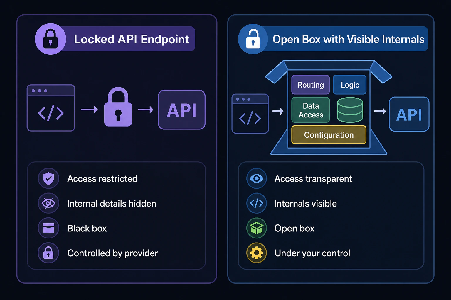 Split panel: locked API endpoint on the left, open box with visible internals on the right