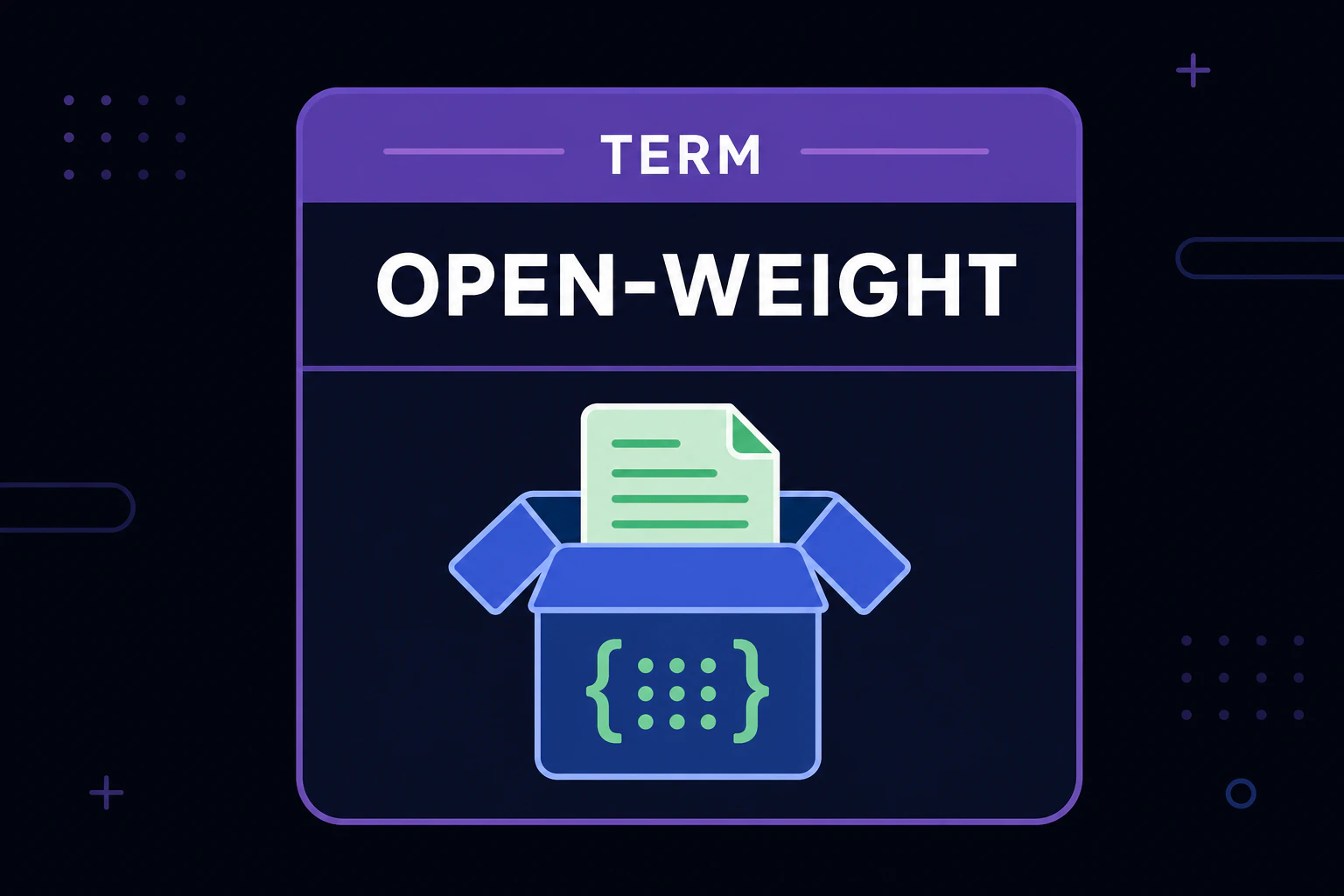 Term card revealing the label OPEN-WEIGHT over a package icon containing only model weights