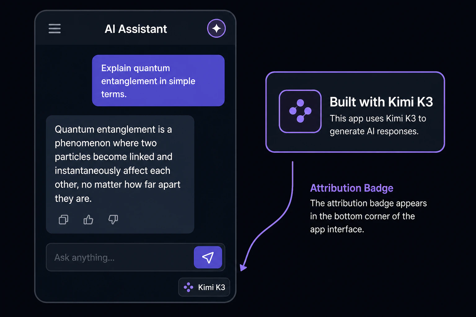 App UI mockup with a small attribution badge reading Kimi K3 in the corner, callout arrow pointing at it