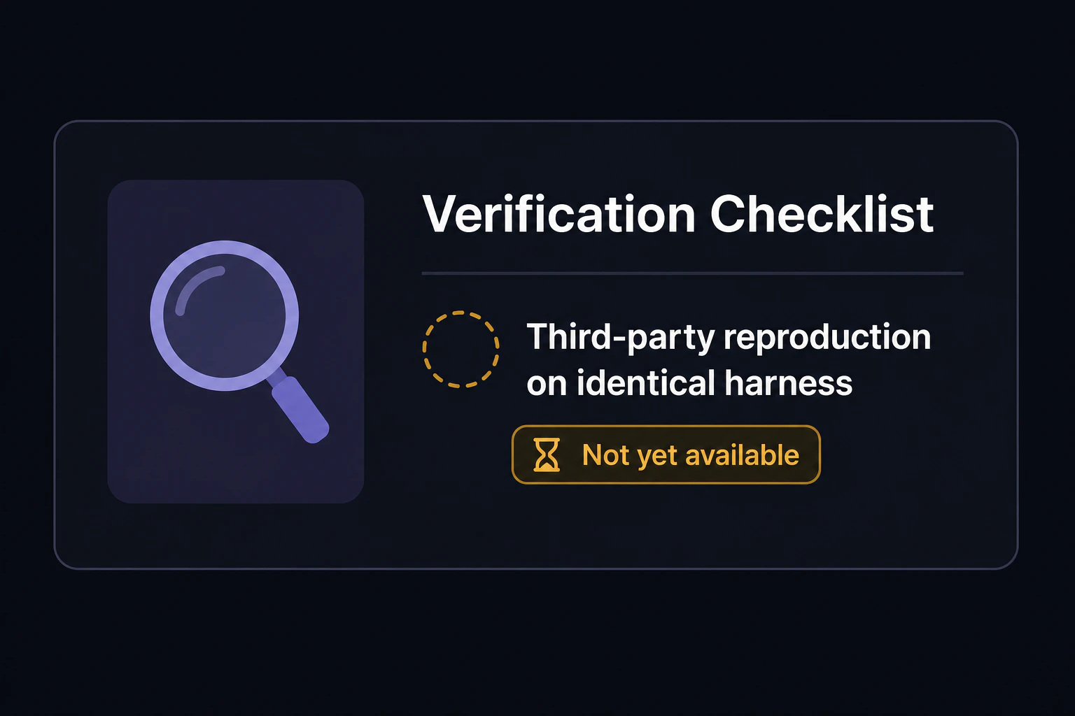 Empty verification checklist: third-party reproduction on identical harness marked as not yet available, magnifying glass icon