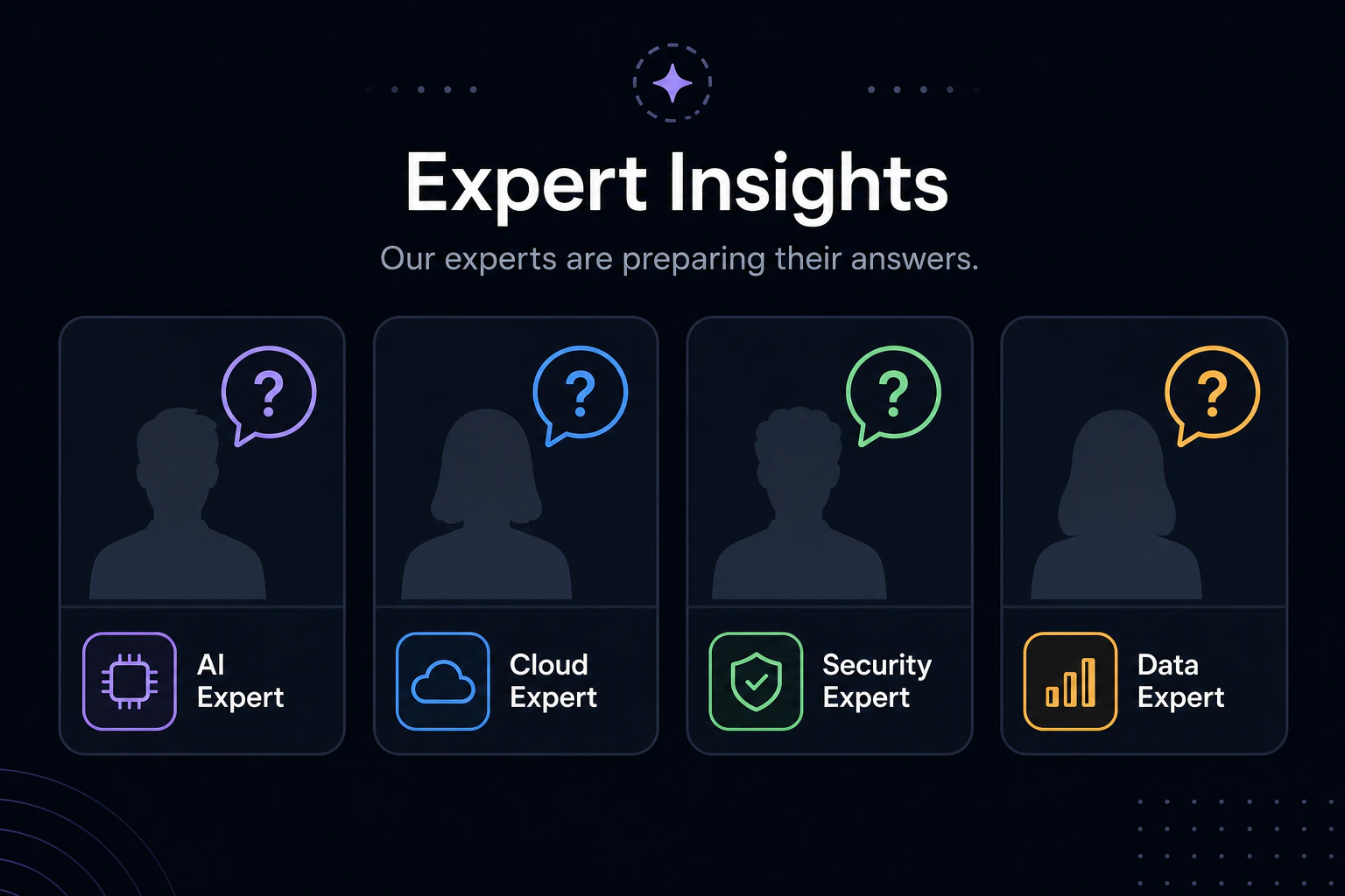 Silhouetted expert avatars with question marks over their speech bubbles, low-contrast teaser frame
