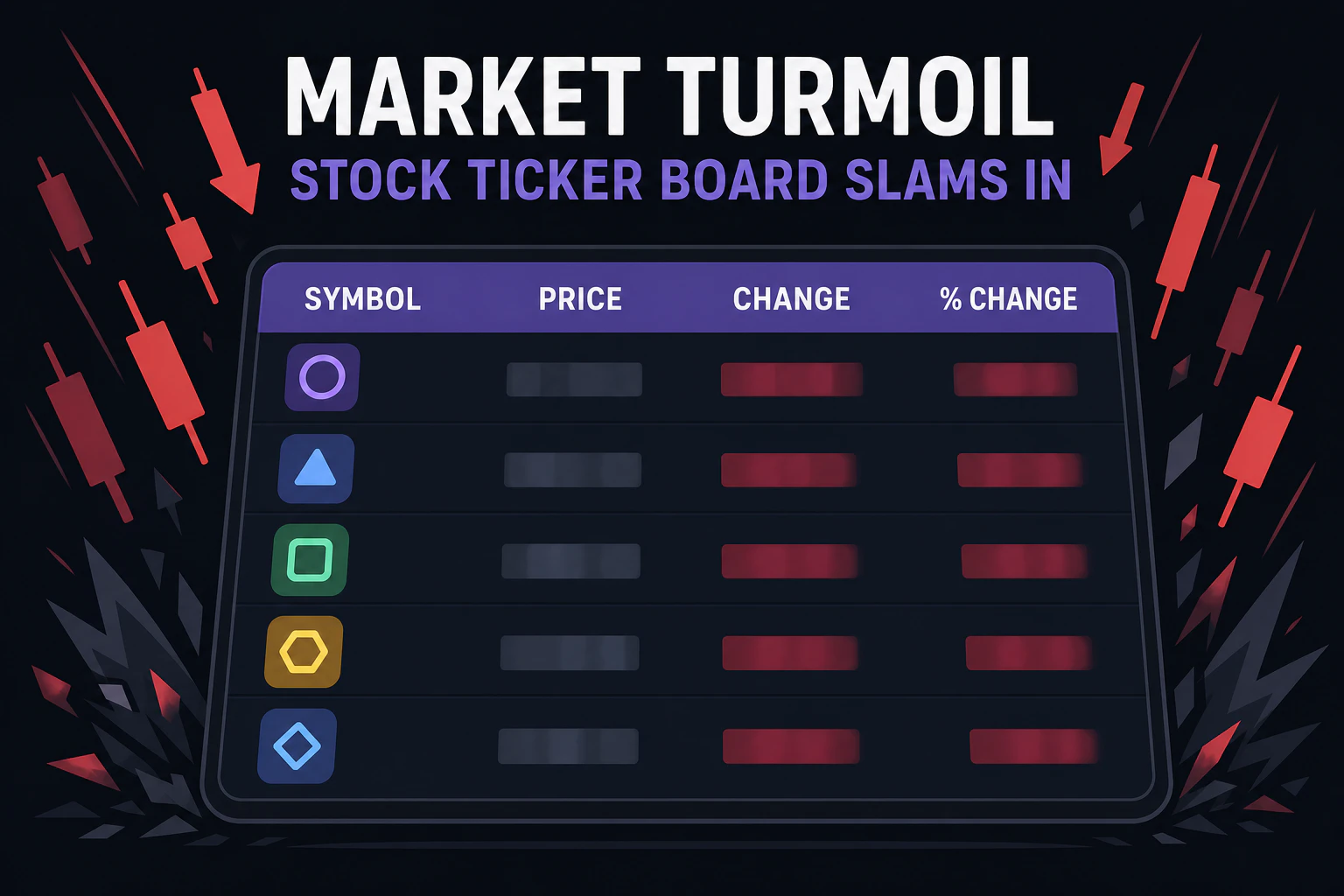 Topic switch: stock ticker board slams in with abstract falling candlestick shapes, all numbers replaced by blurred placeholder blocks