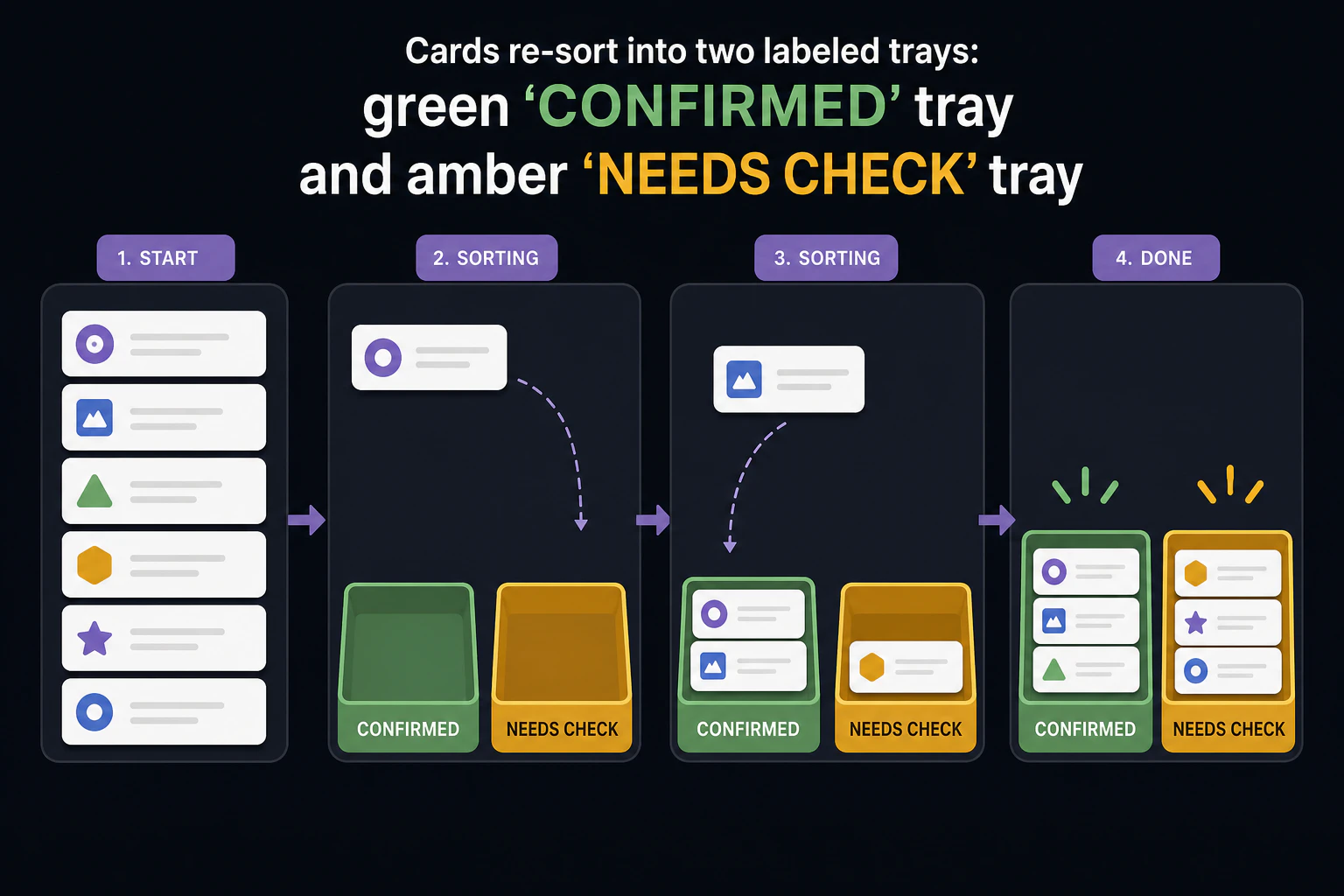 Cards re-sort into two labeled trays: green 'CONFIRMED' tray and amber 'NEEDS CHECK' tray, sorting animation card by card