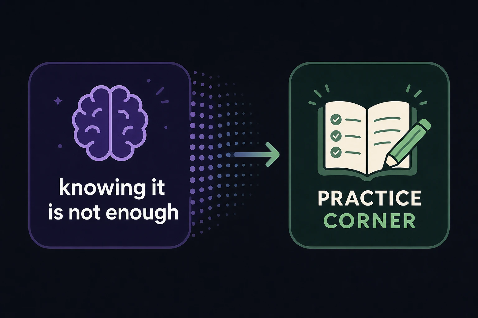 Teaser card: 'knowing it is not enough' fading into a practice-corner icon
