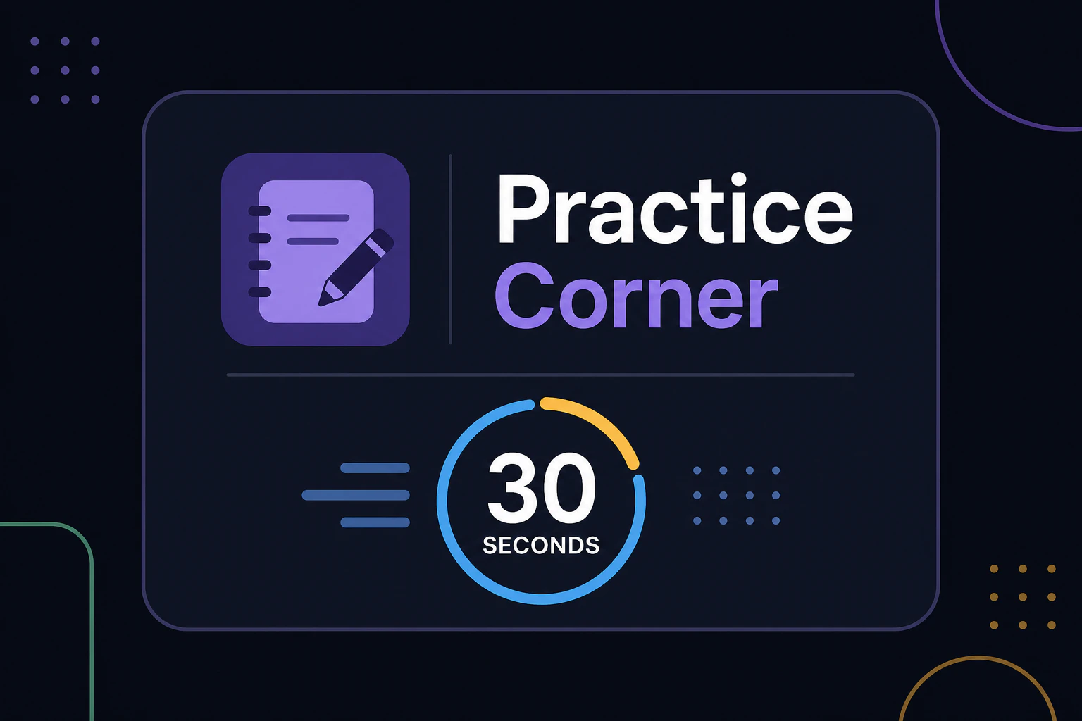 Practice corner title card with a hamster icon and a 30-second timer