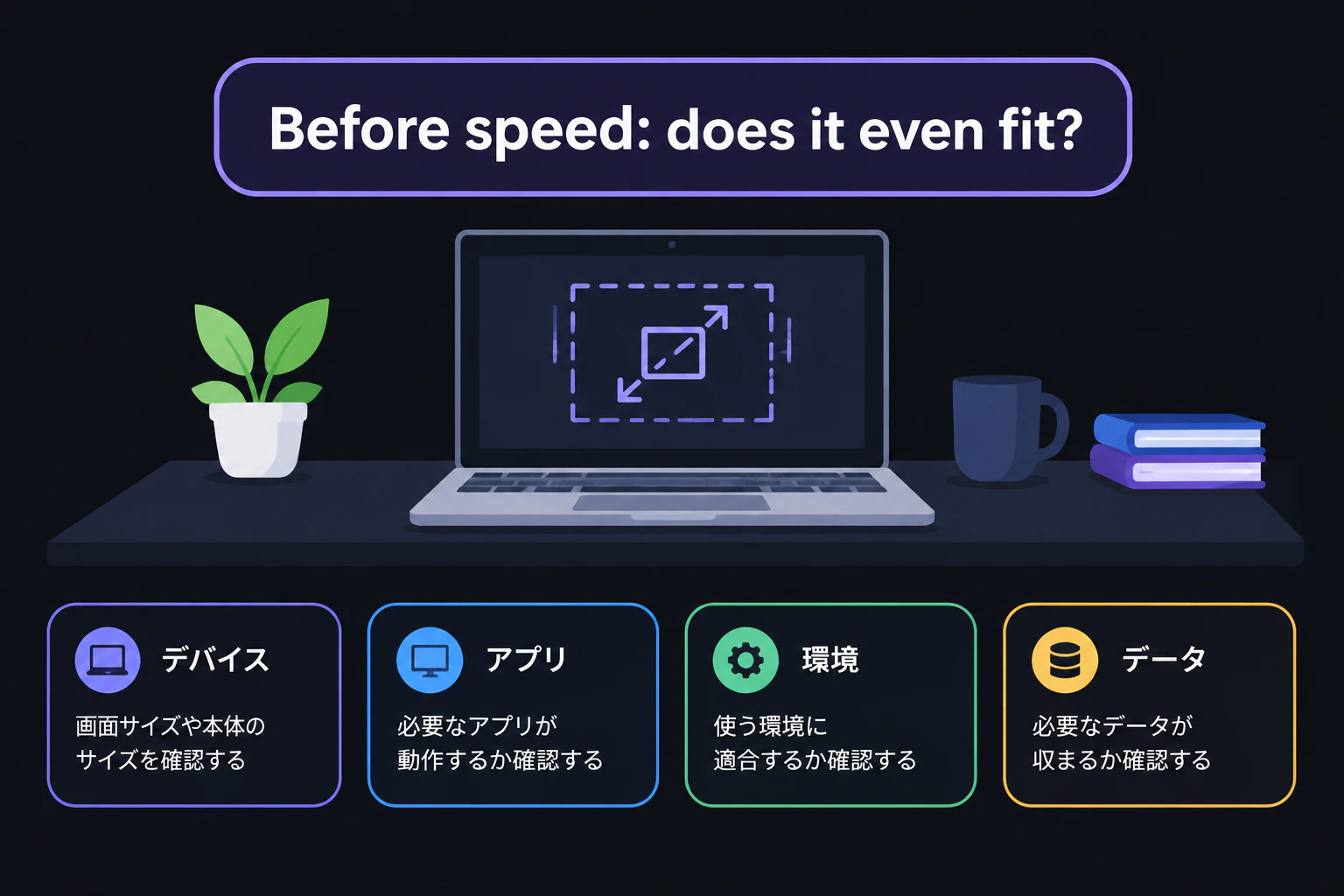 A small laptop on a desk with a question caption overlay reading "Before speed: does it even fit?" (render text verbatim, English only)
