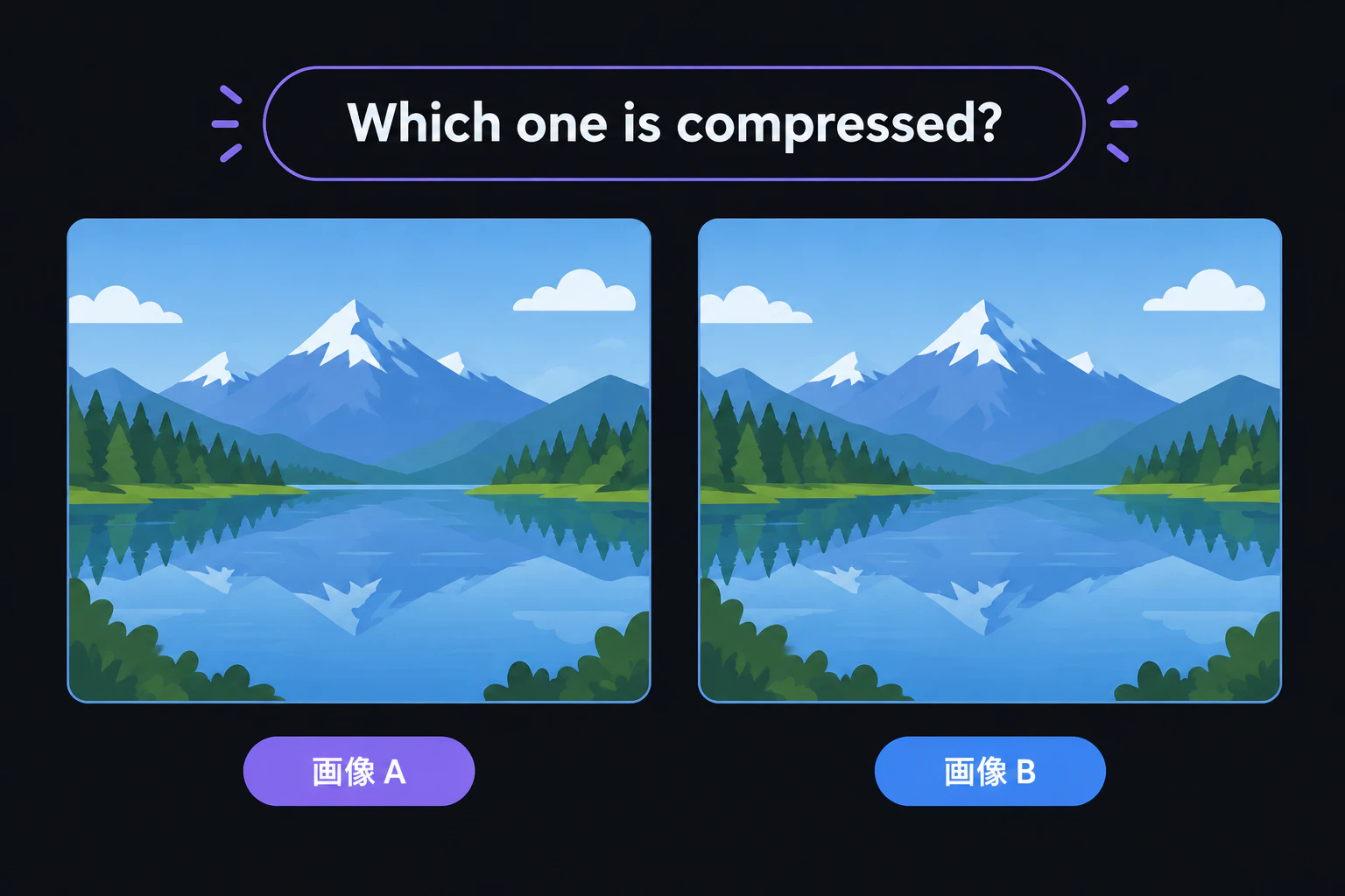 Two side-by-side photos that look identical, with a caption "Which one is compressed?" (render text verbatim, English only)