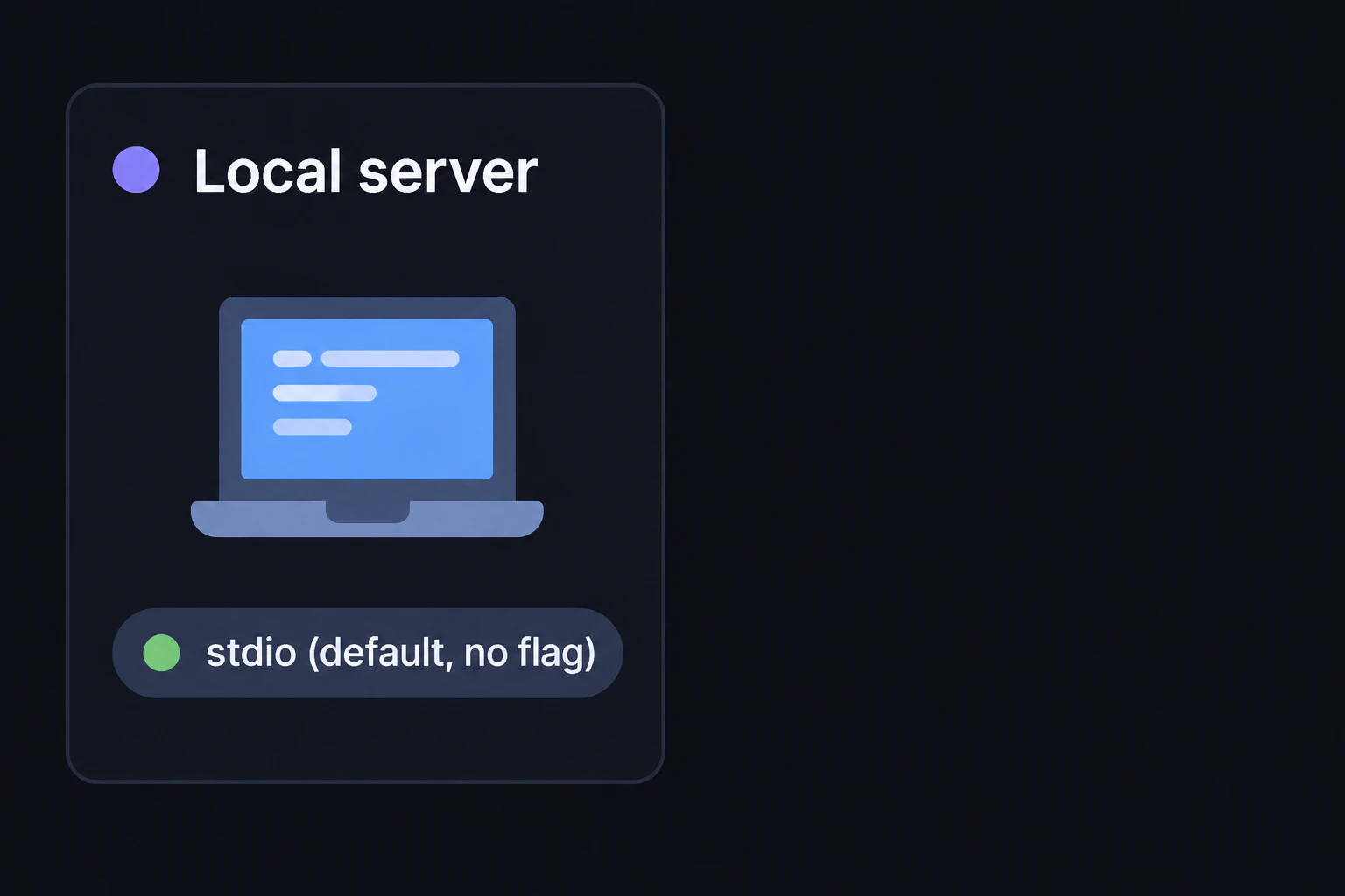 Split card: LEFT Local server = stdio (default, no flag) with a laptop icon
