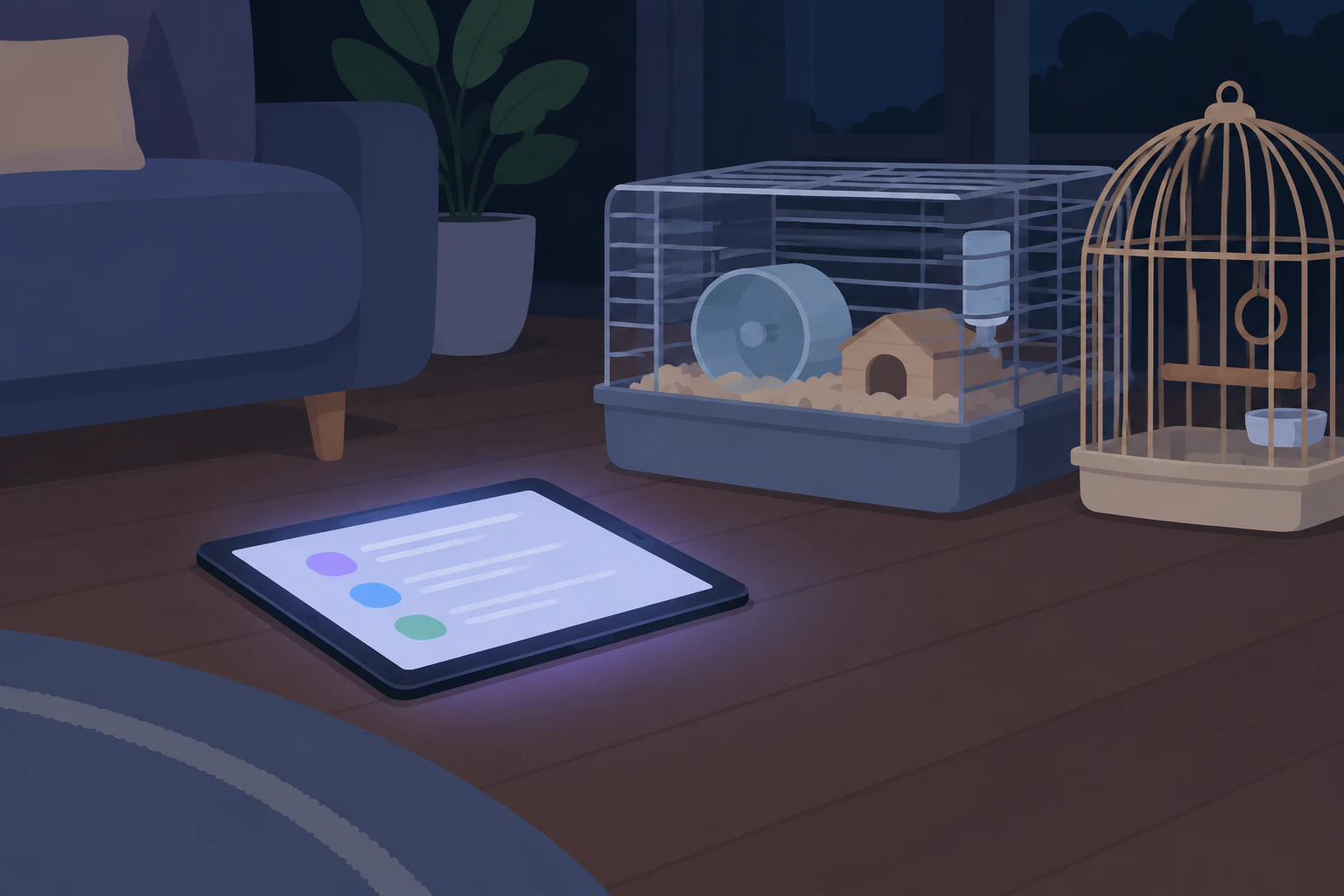 cozy living room cut: a tablet on the floor next to the hamster cage and birdcage, screen glowing faintly