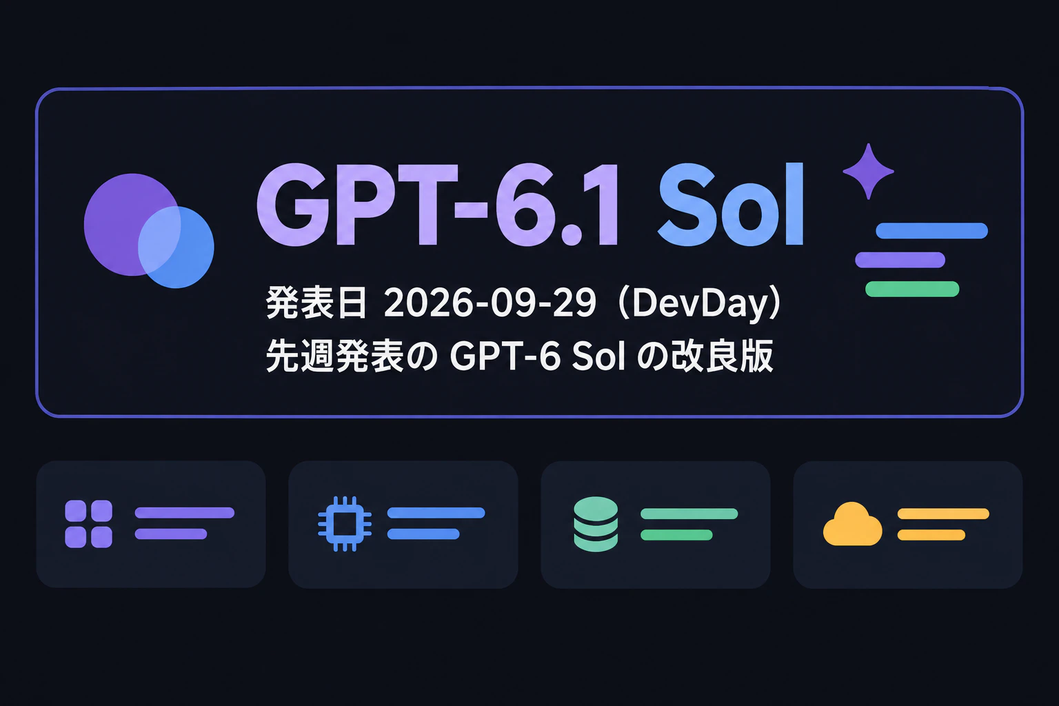発表カード:『GPT-6.1 Sol』発表日 2026-09-29(DevDay)/先週発表の GPT-6 Sol の改良版