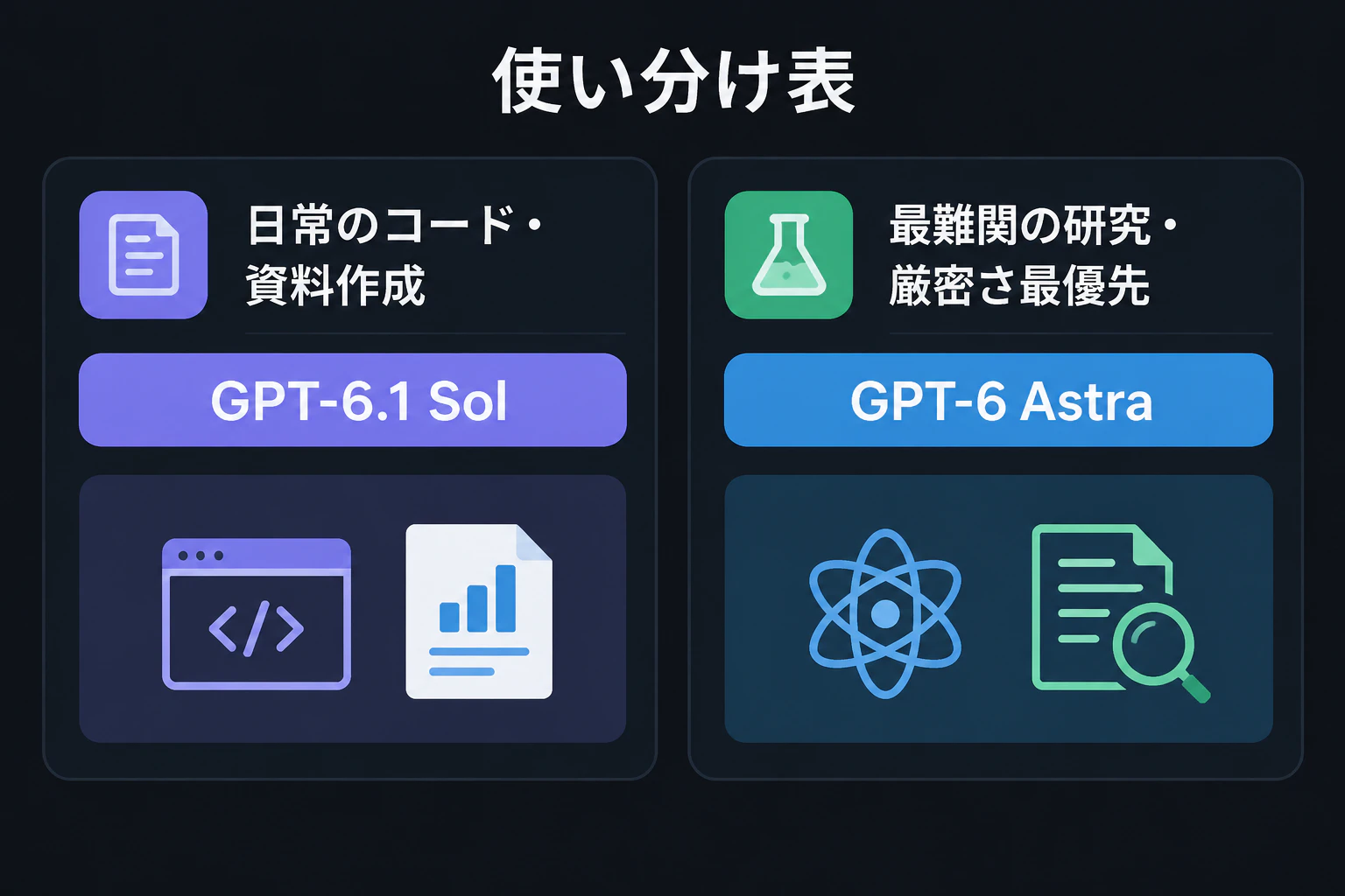 使い分け表:日常のコード・資料作成→GPT-6.1 Sol/最難関の研究・厳密さ最優先→GPT-6 Astra
