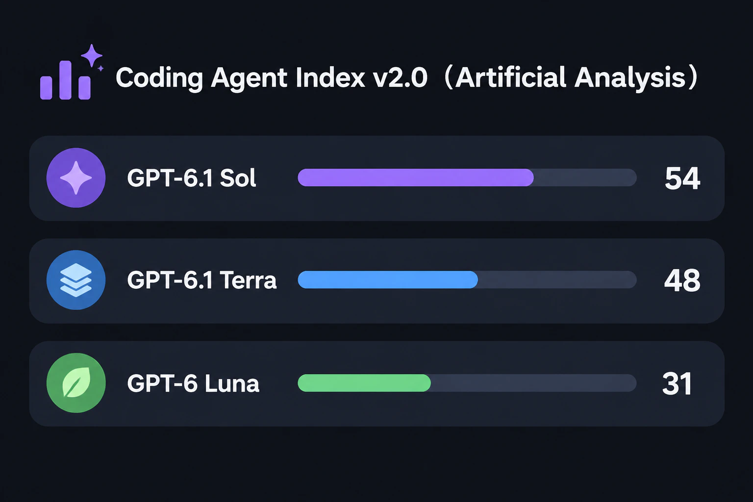 Coding Agent Index v2.0(Artificial Analysis・新指標):GPT-6.1 Sol 54/GPT-6.1 Terra 48/GPT-6 Luna 31