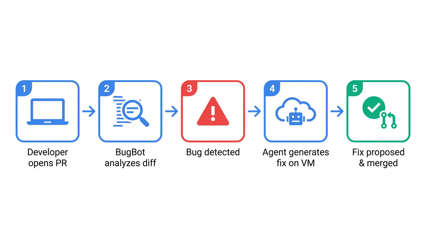 Bugbot Autofixの5ステップフロー — PR受信からバグ検出・自動修正まで