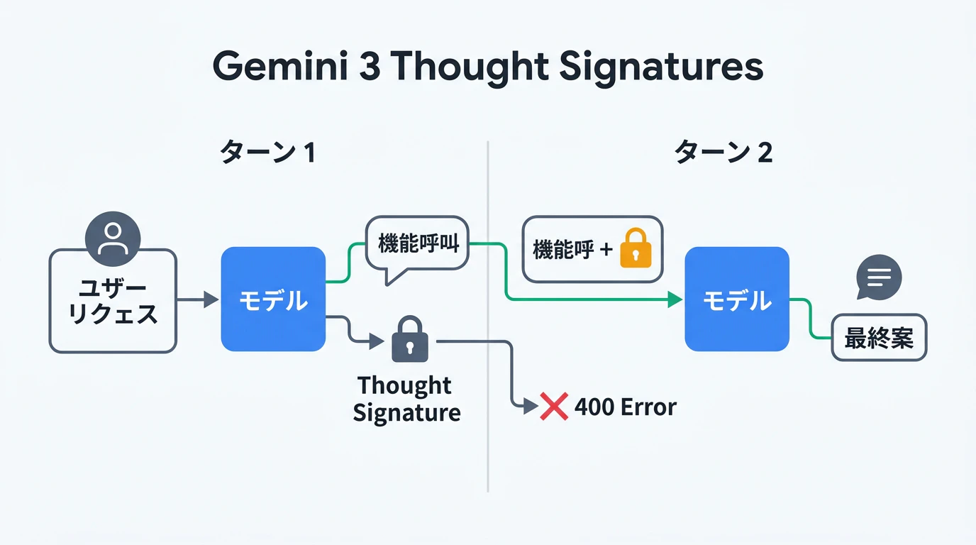 Gemini 3 Thought Signaturesが推論チェーンをターン間で引き継ぐフロー図