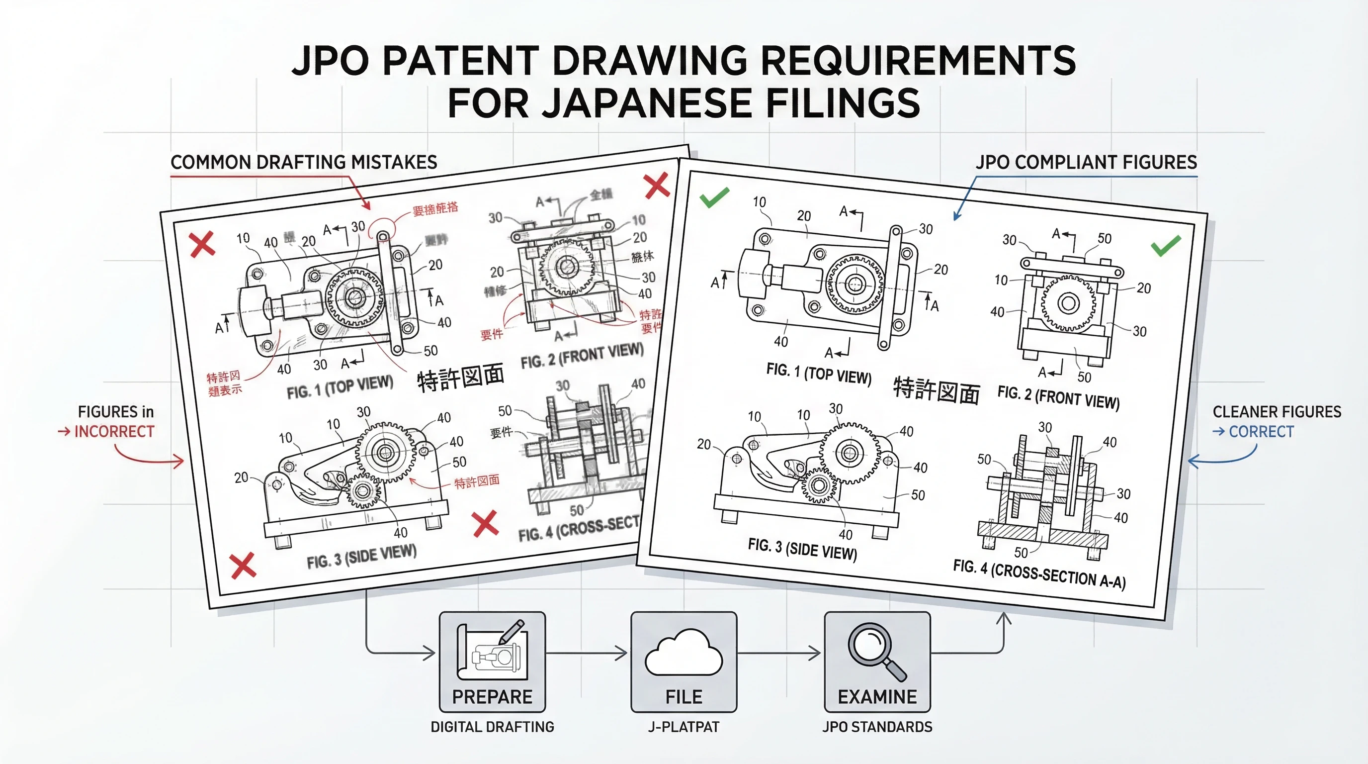 日本出願向け特許図面の整った多視図セット