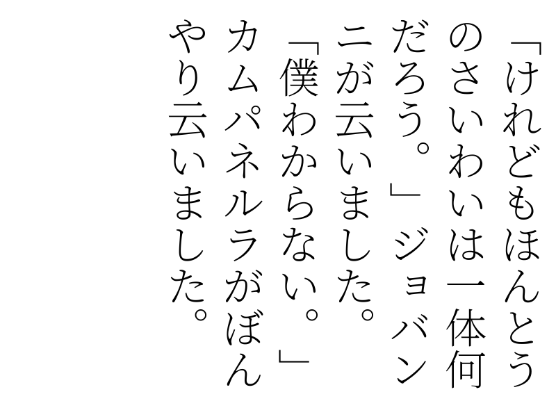 「けれどもほんとうのさいわいは一体何だろう。」ジョバンニが云いました。「僕わからない。」カムパネルラがぼんやり云いました。