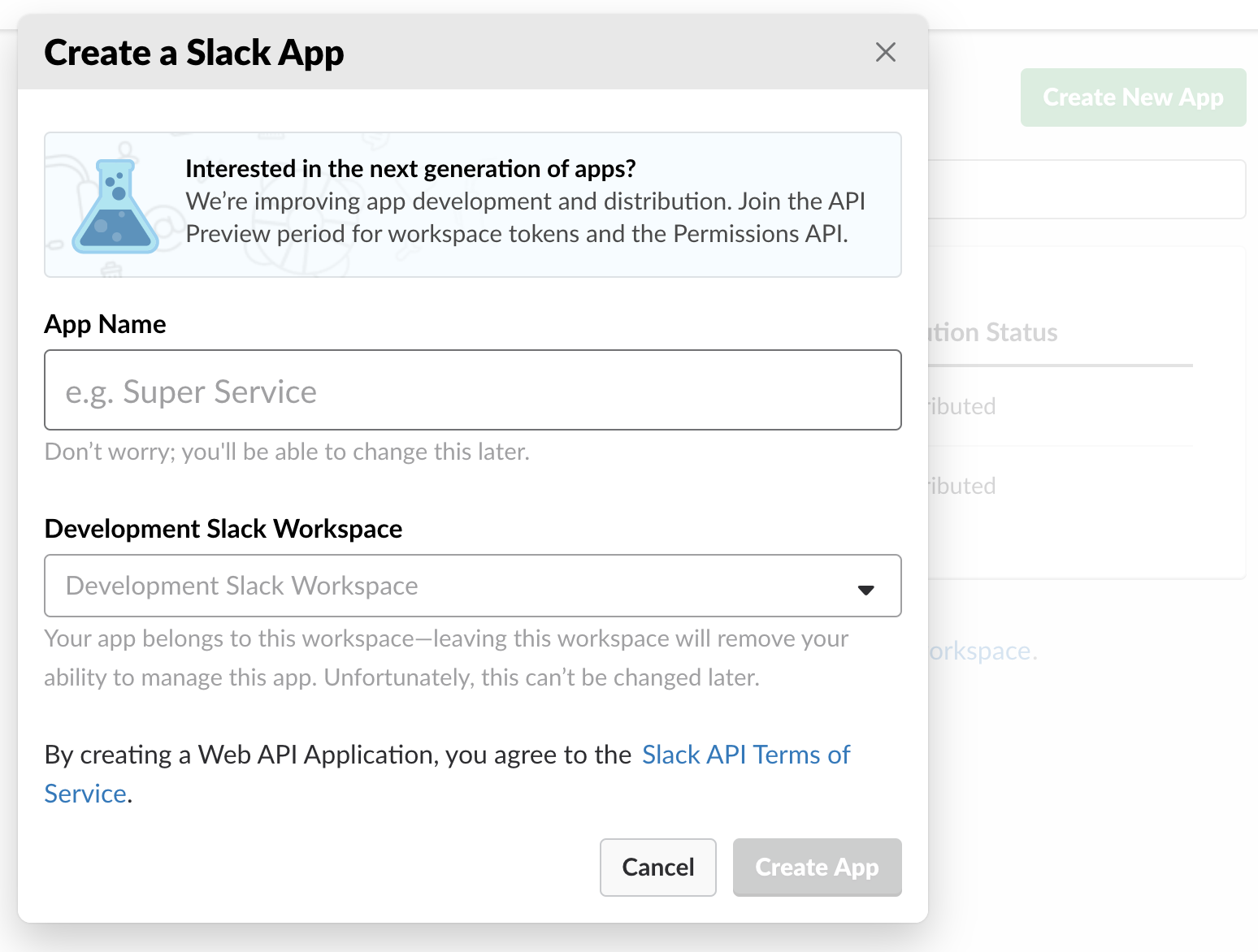 slack create new app