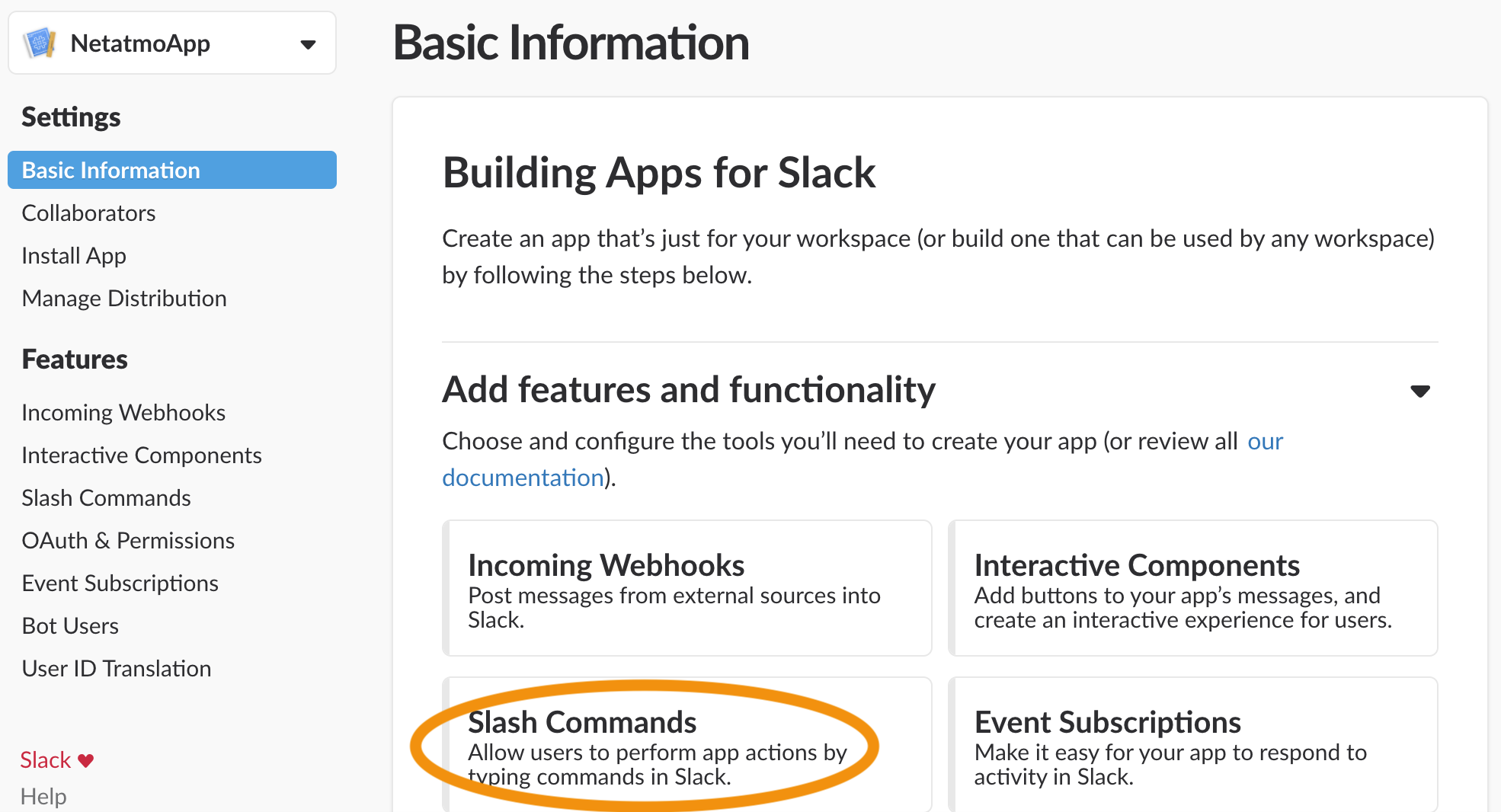 slack app setting slash commands