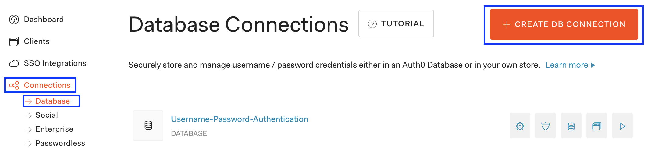 Auth0 DB CONNECTION 作成トップ