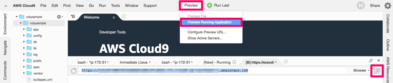 Preview > Preview Running Application > ブラウザで開く