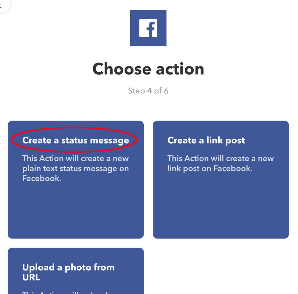 ［Facebook Action項目選択画面］