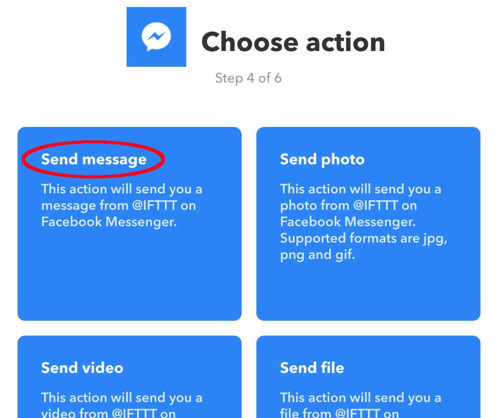 ［Facebook　Messenger Action項目選択画面］