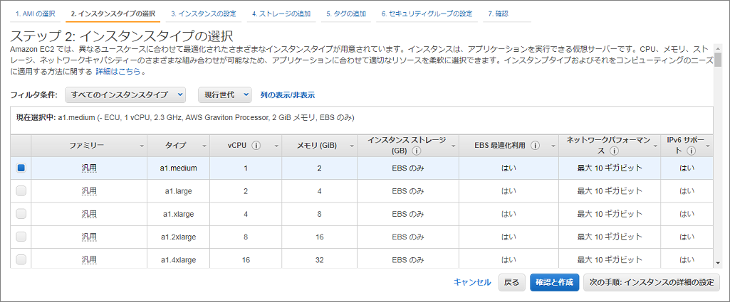 インスタンスタイプの選択