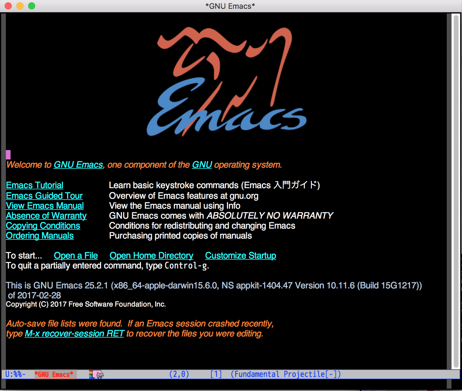 Emacs 25.2rc2 起動画面